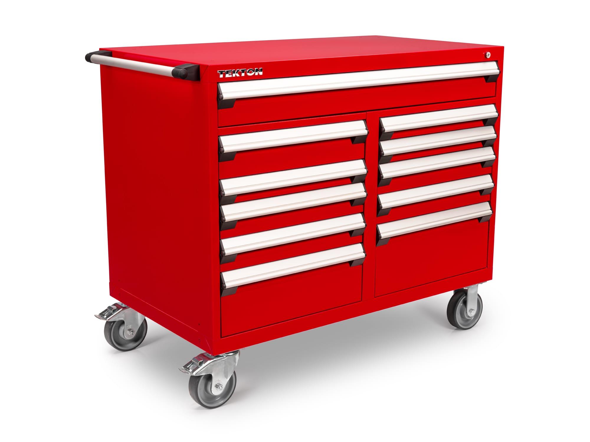 Front-right angle view of Tekton 48 w x 27 d inch red tool cabinet. Item #OCL43201