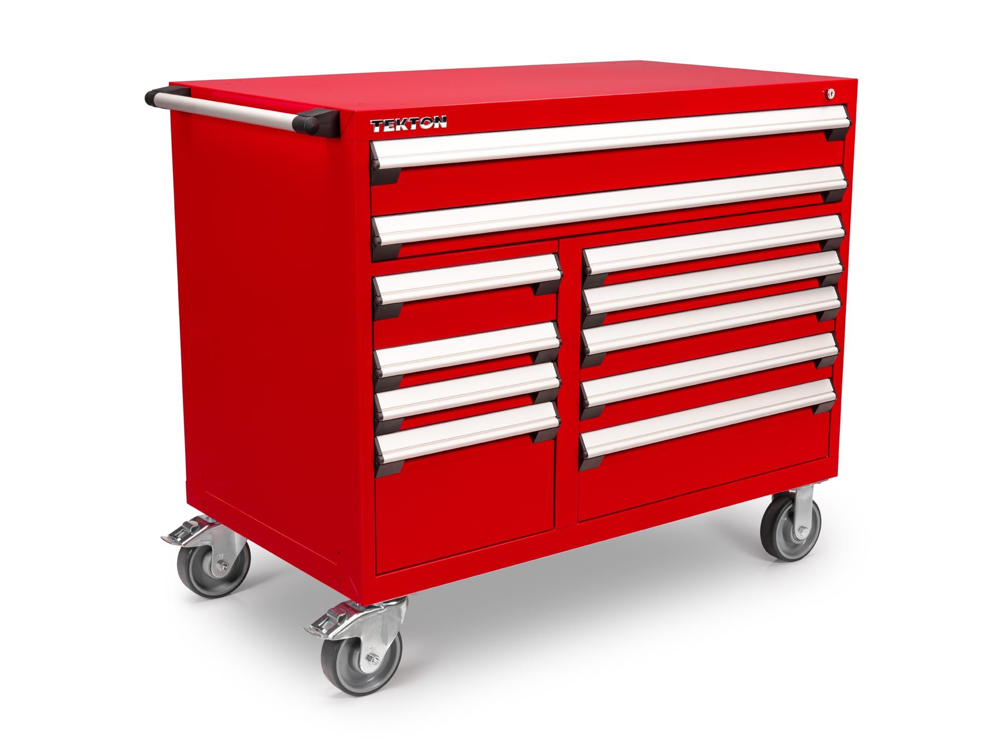 Front-right angle view of red Tekton tool cabinet. Item #OCL43202