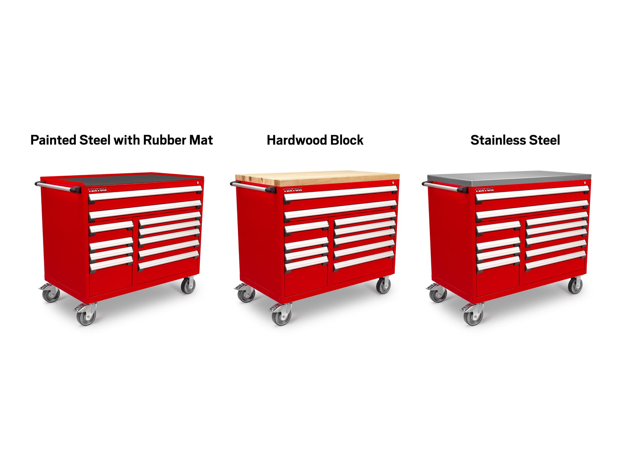 Tekton red tool only tool cabinet shown with three different top options. Item #OCL43202