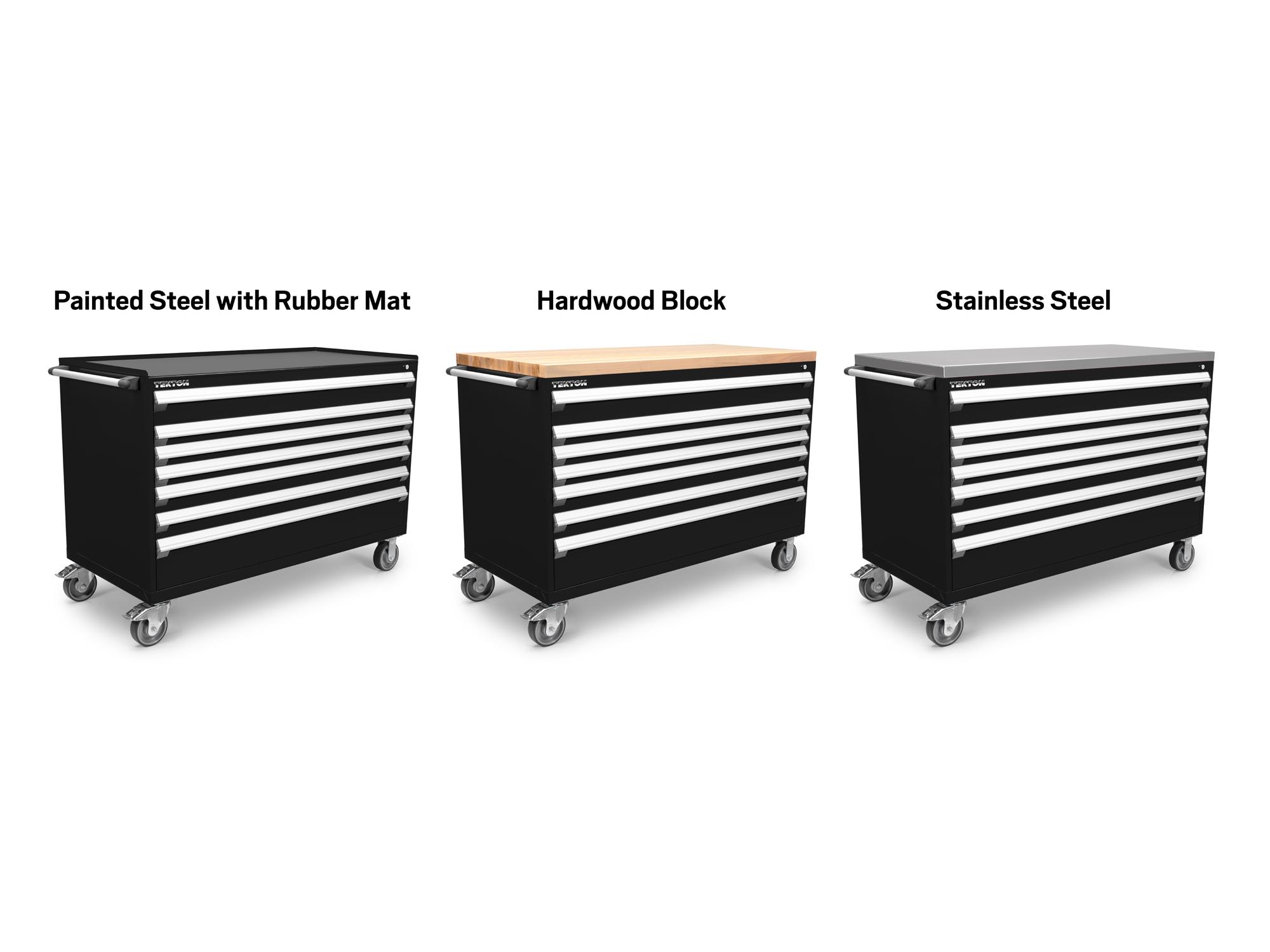 Tekton black tool only tool cabinet shown with three different top options. Item #OCL63100