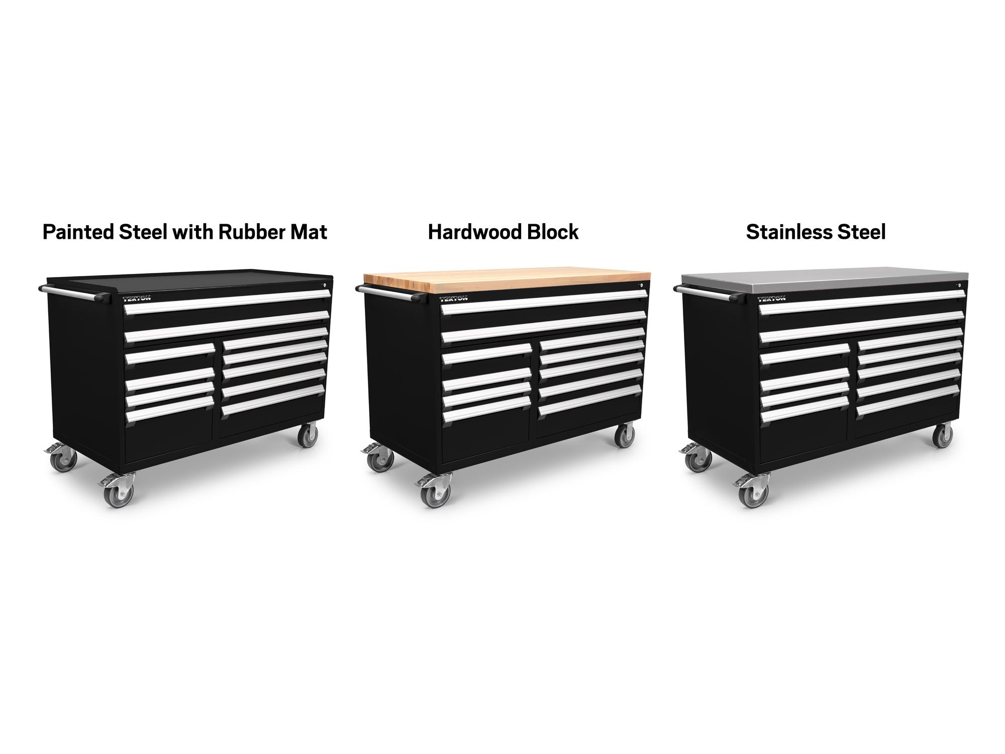 Tekton black tool only tool cabinet shown with three different top options. Item #OCL63102