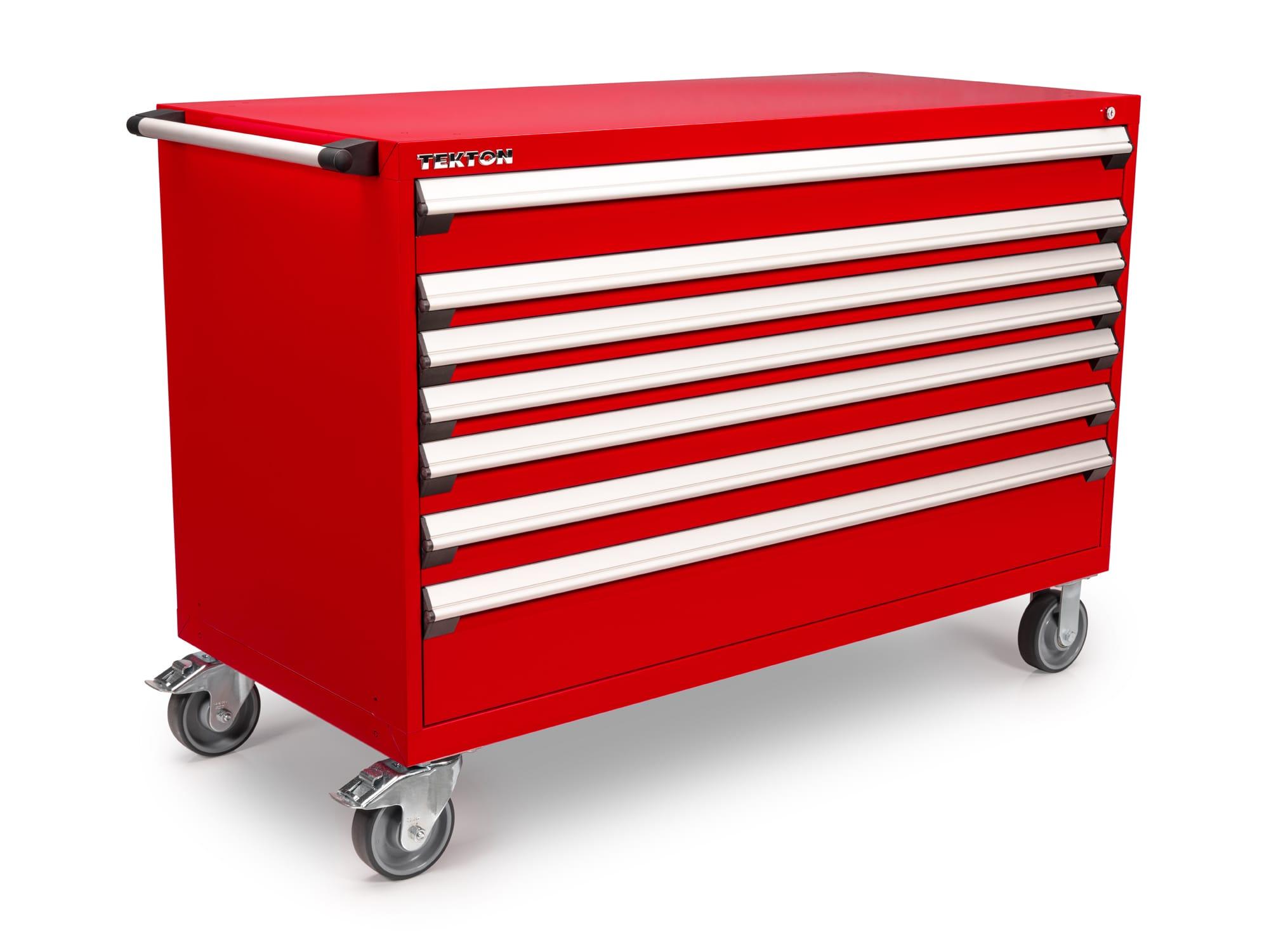 Front-right angle view of red Tekton tool cabinet. Item #OCL63200