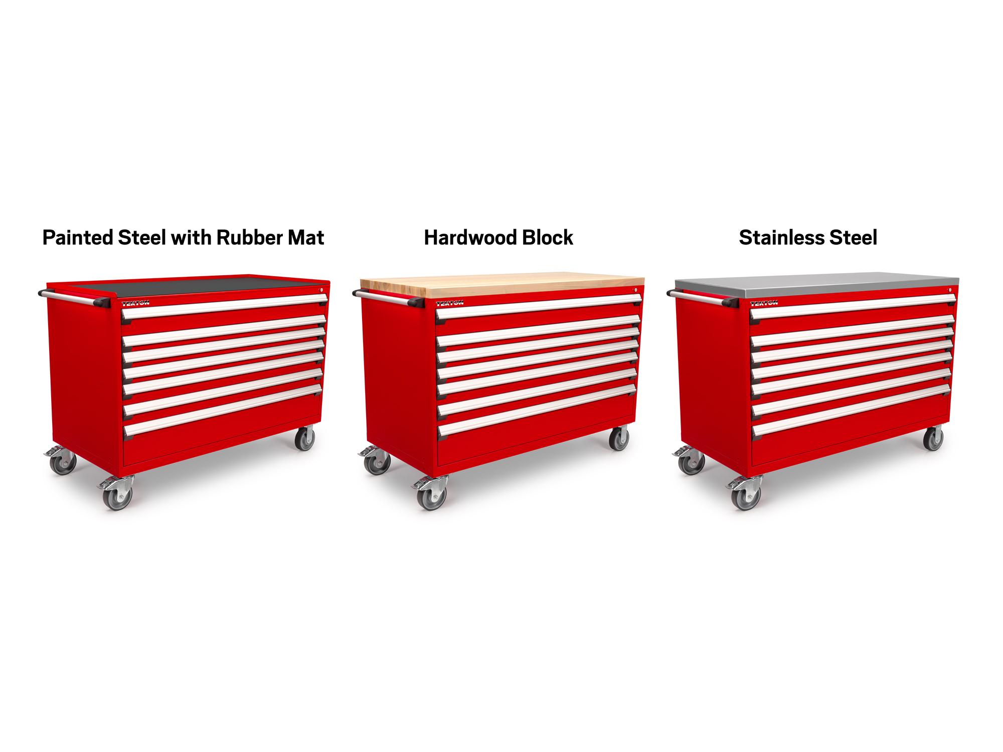 Tekton red tool only tool cabinet shown with three different top options. Item #OCL63200