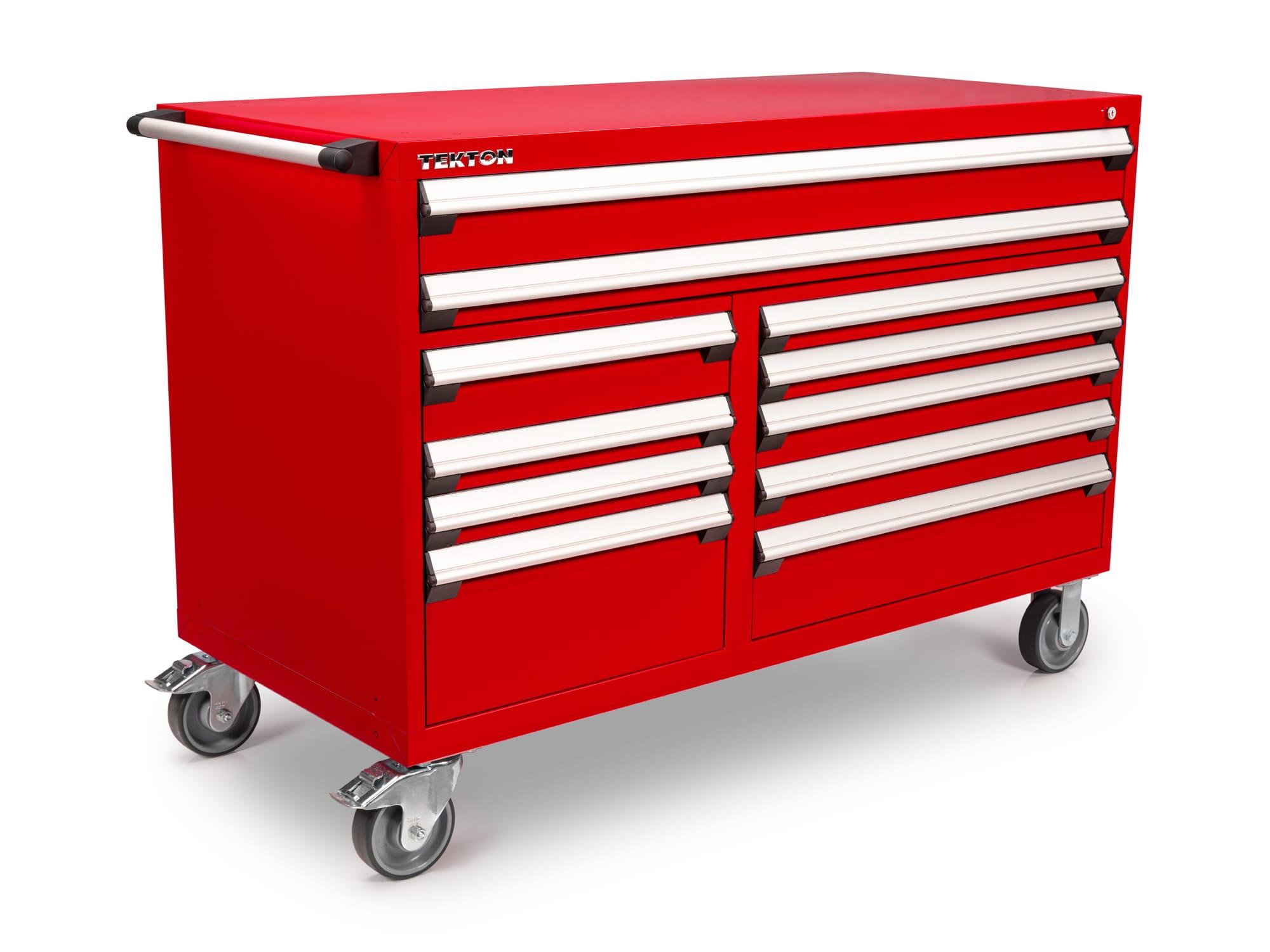 Front-right angle view of red Tekton tool cabinet. Item #OCL63202
