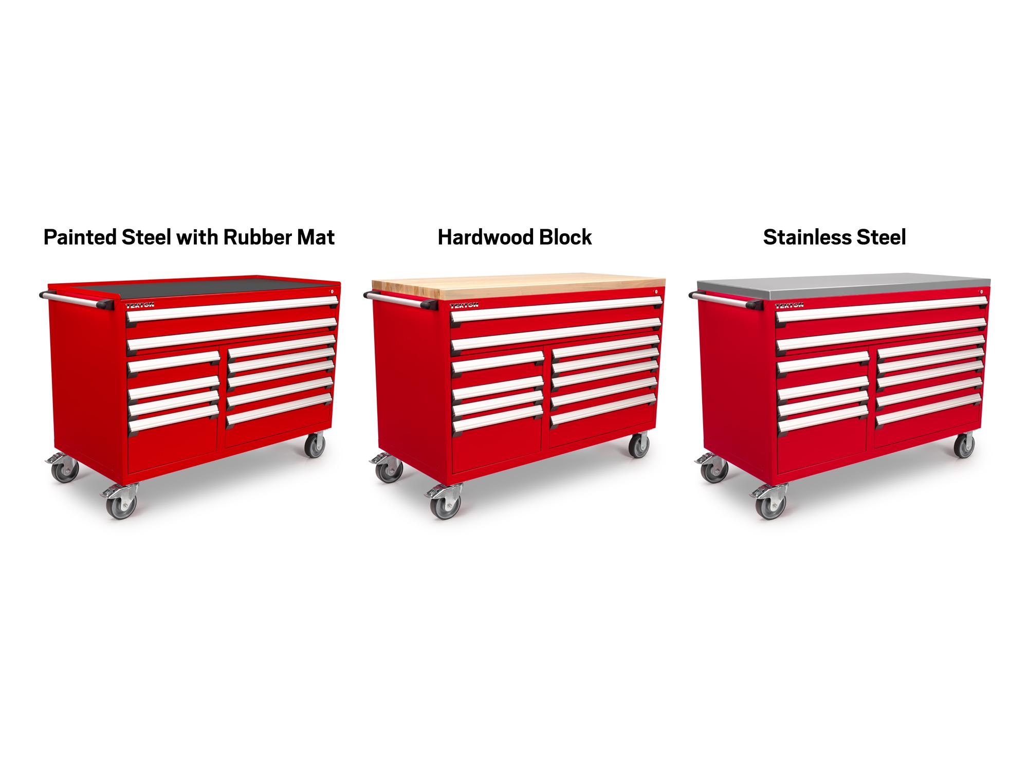 Tekton red tool only tool cabinet shown with three different top options. Item #OCL63202