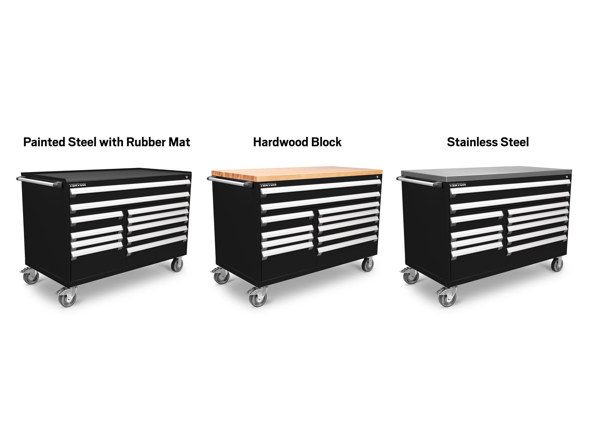 Tekton black tool only tool cabinet shown with three different top options. Item #OCL64100