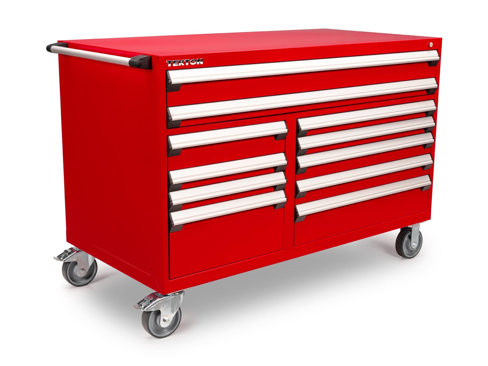 Front-right angle view of red Tekton tool cabinet. Item #OCL64200