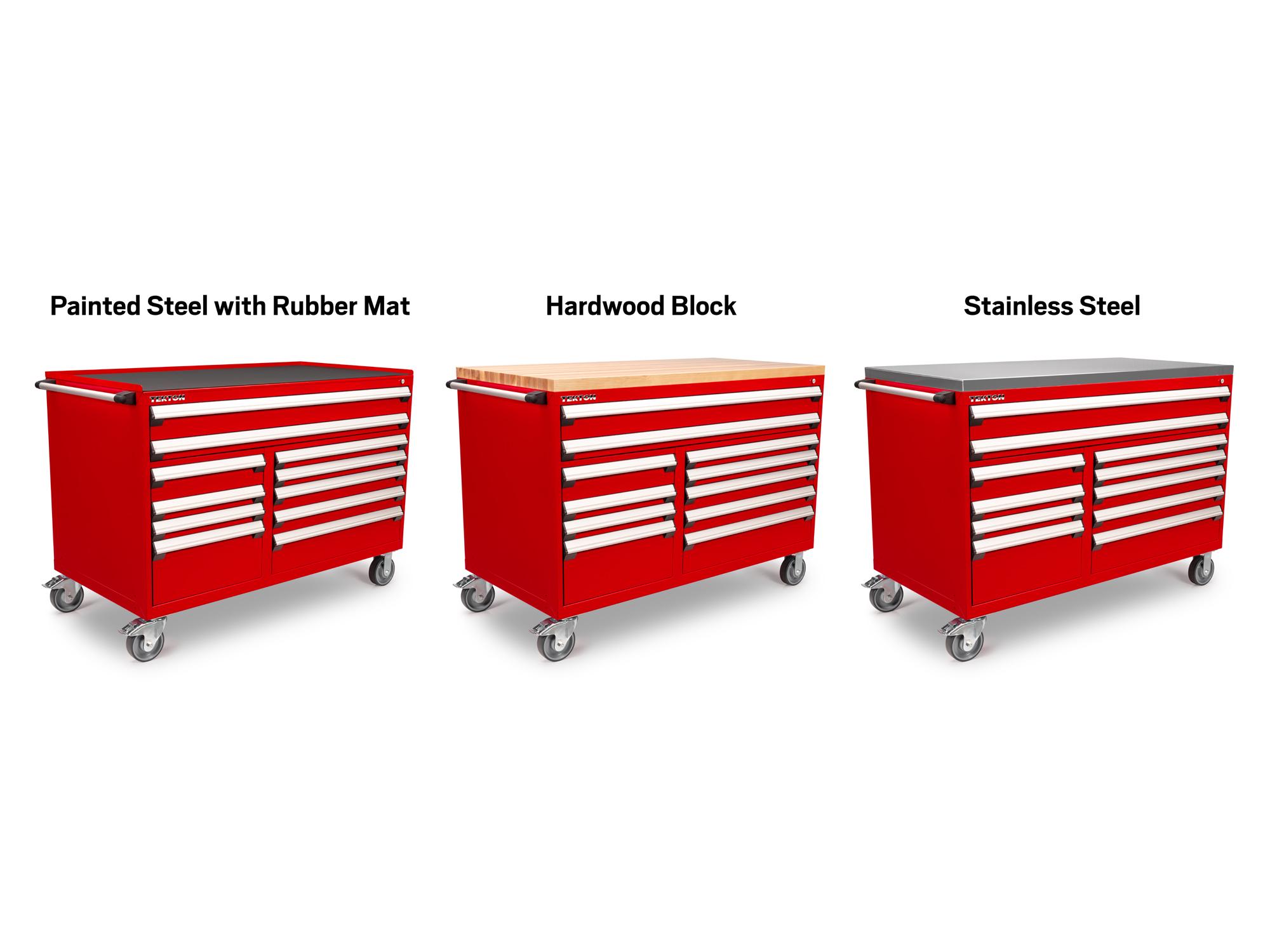 Tekton red tool only tool cabinet shown with three different top options. Item #OCL64200
