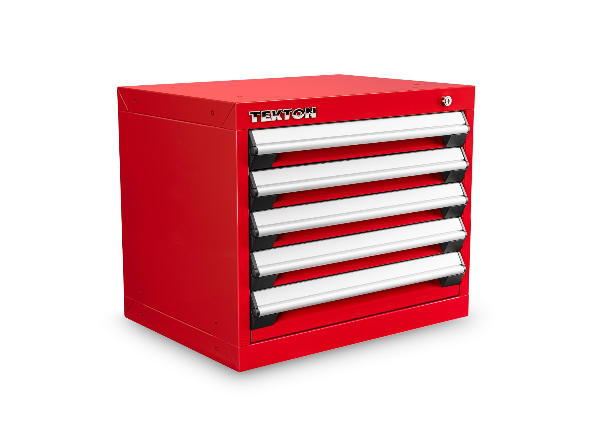 Front-right angle view of red Tekton tool cabinet. Item #OCU10201