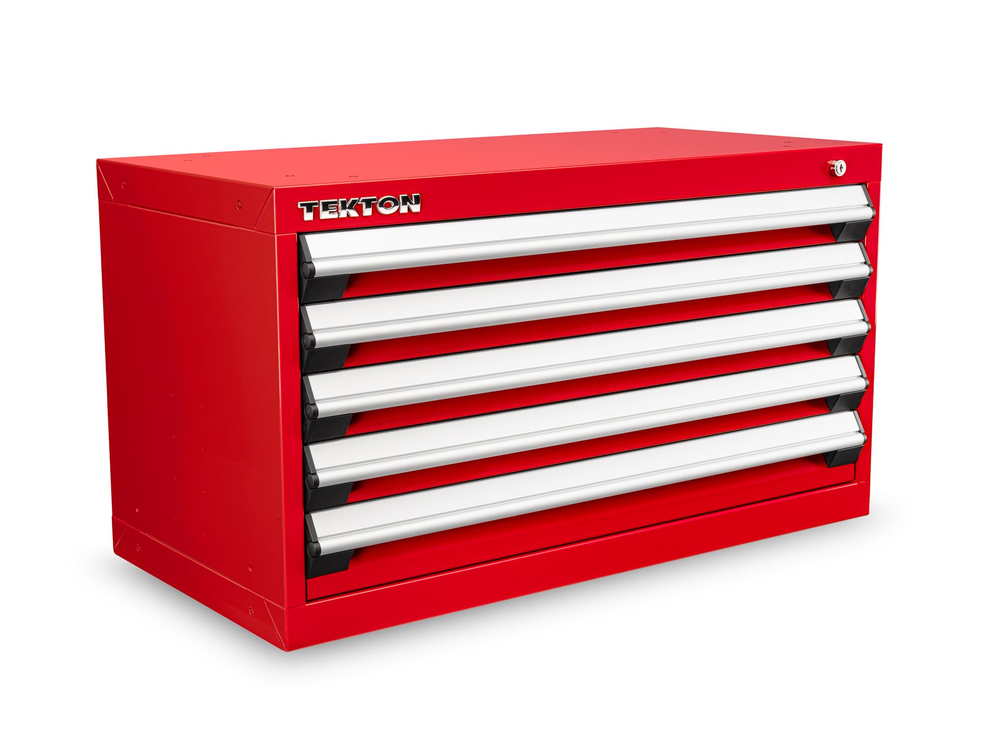 Front-right angle view of red Tekton tool cabinet. Item #OCU30201