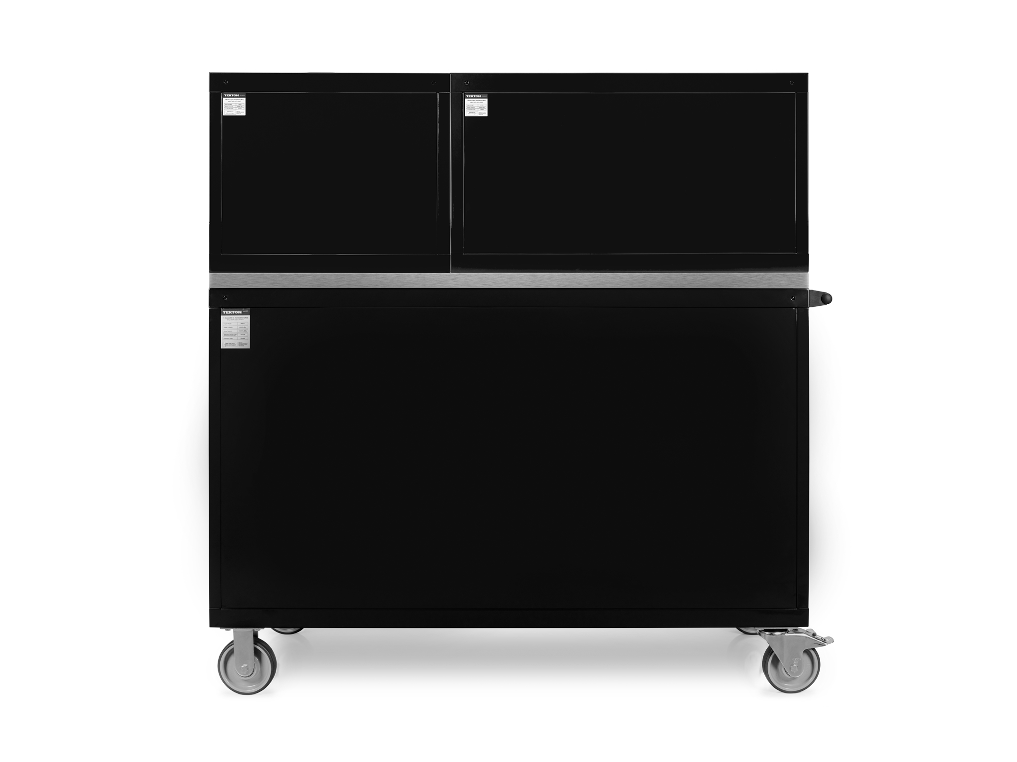 System includes one black 11-drawer 40/60 split bank tool cabinet (60 W x 30 D x 41.5 H in.), a stainless steel cabinet top, and two black 5-drawer upper tool cabinets. OCC64101.