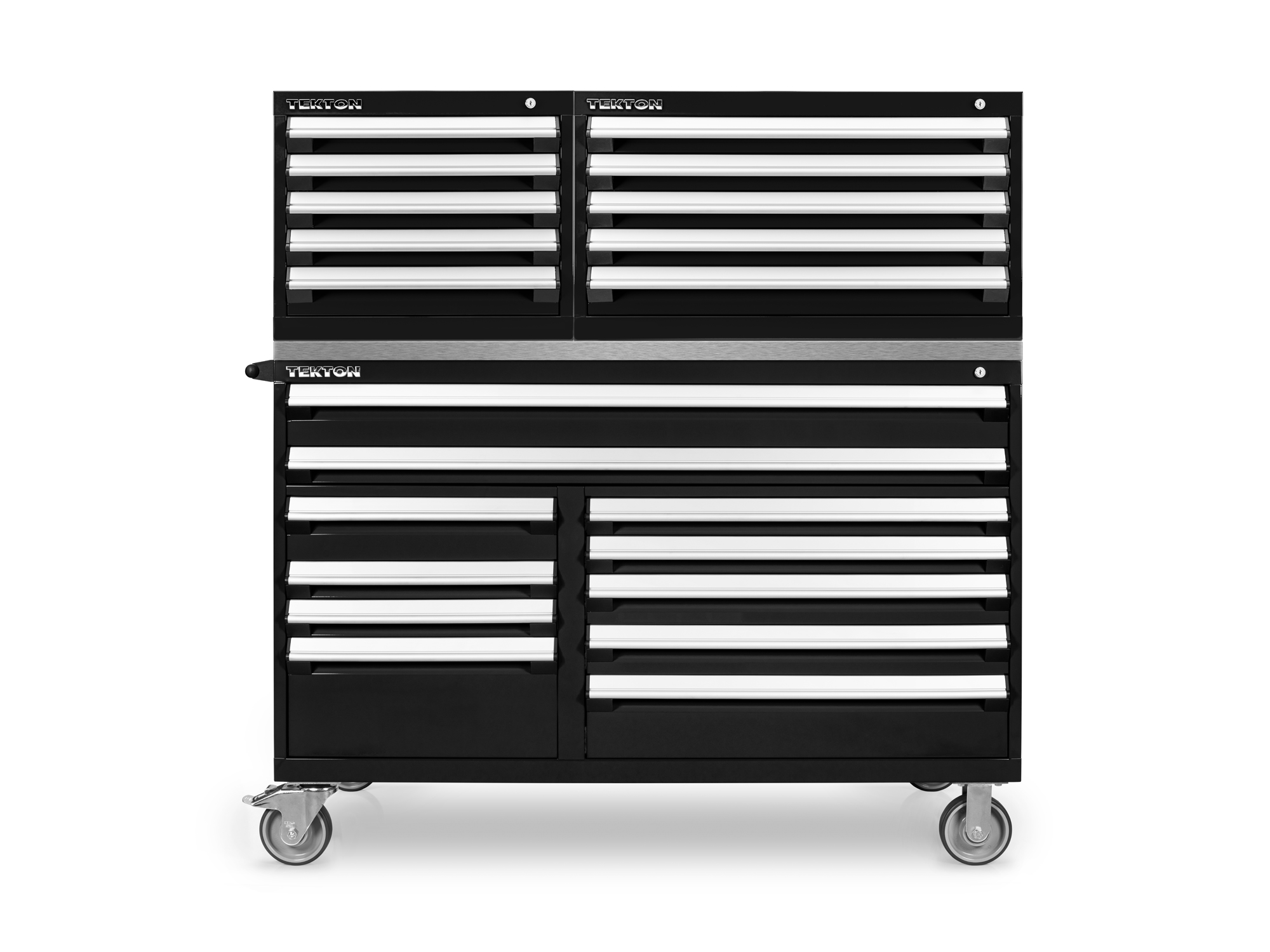 System includes one black 11-drawer 40/60 split bank tool cabinet (60 W x 30 D x 41.5 H in.), a stainless steel cabinet top, and two black 5-drawer upper tool cabinets. OCC64101.