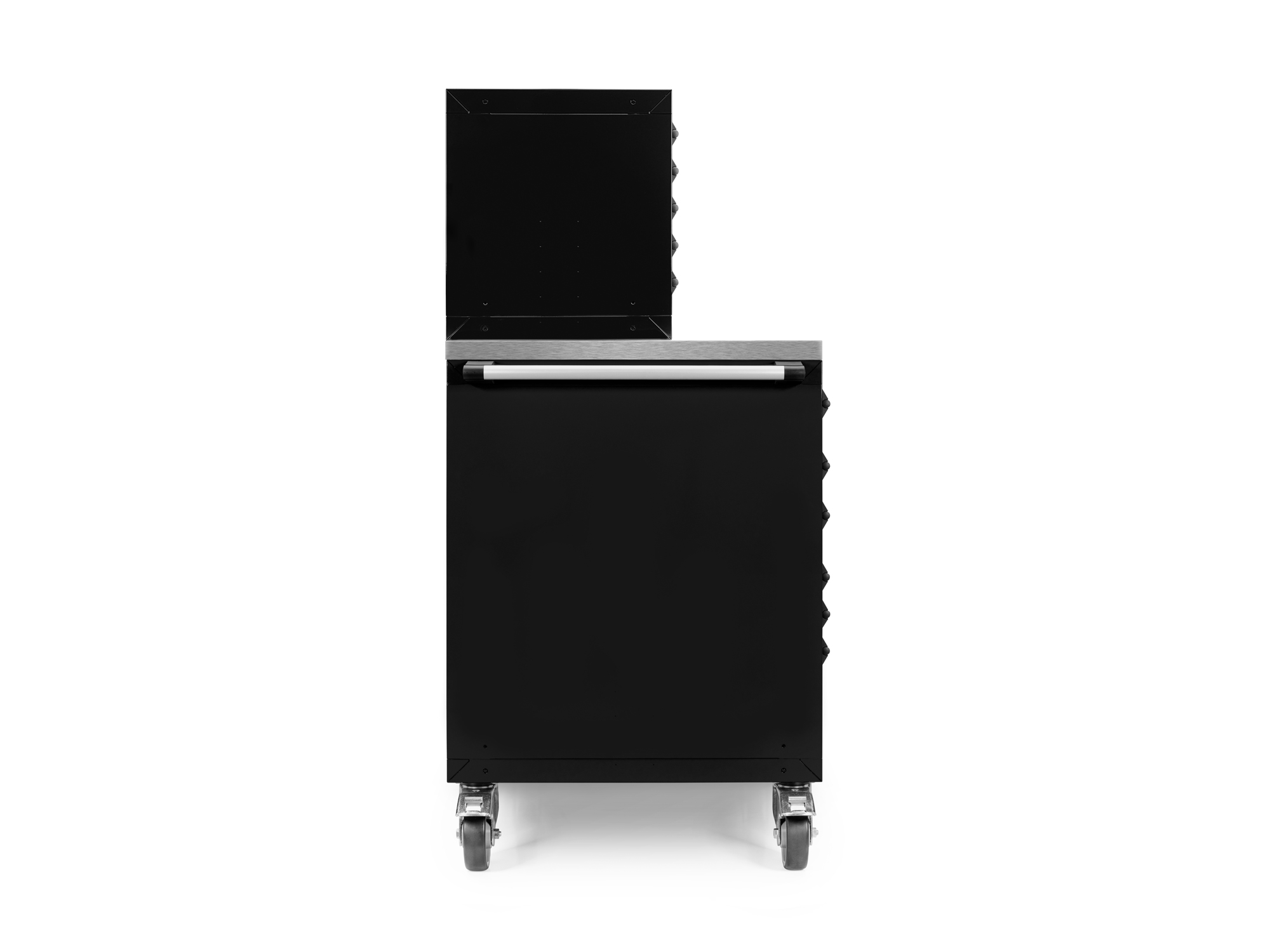 System includes one black 11-drawer 40/60 split bank tool cabinet (60 W x 30 D x 41.5 H in.), a stainless steel cabinet top, and two black 5-drawer upper tool cabinets. OCC64101.