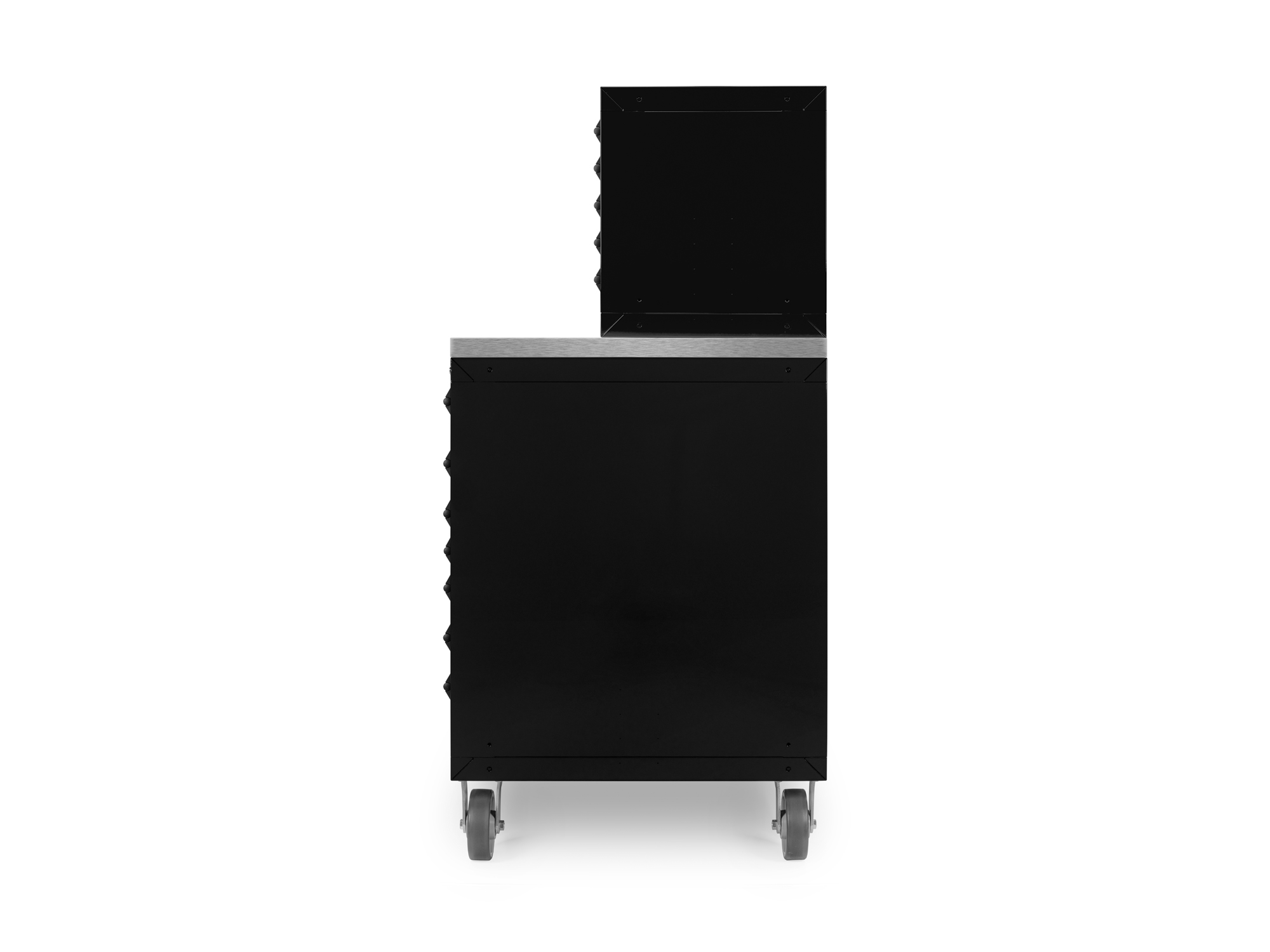 System includes one black 11-drawer 40/60 split bank tool cabinet (60 W x 30 D x 41.5 H in.), a stainless steel cabinet top, and two black 5-drawer upper tool cabinets. OCC64101.