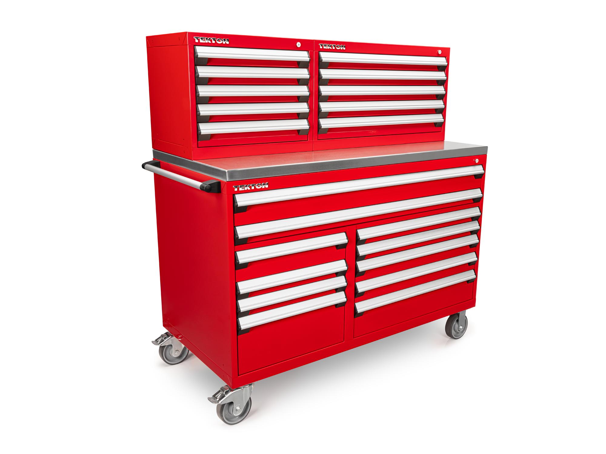 Front-right angle view of Tekton red 60 w x 30 d inch tool cabinet set. Item #OCC64102