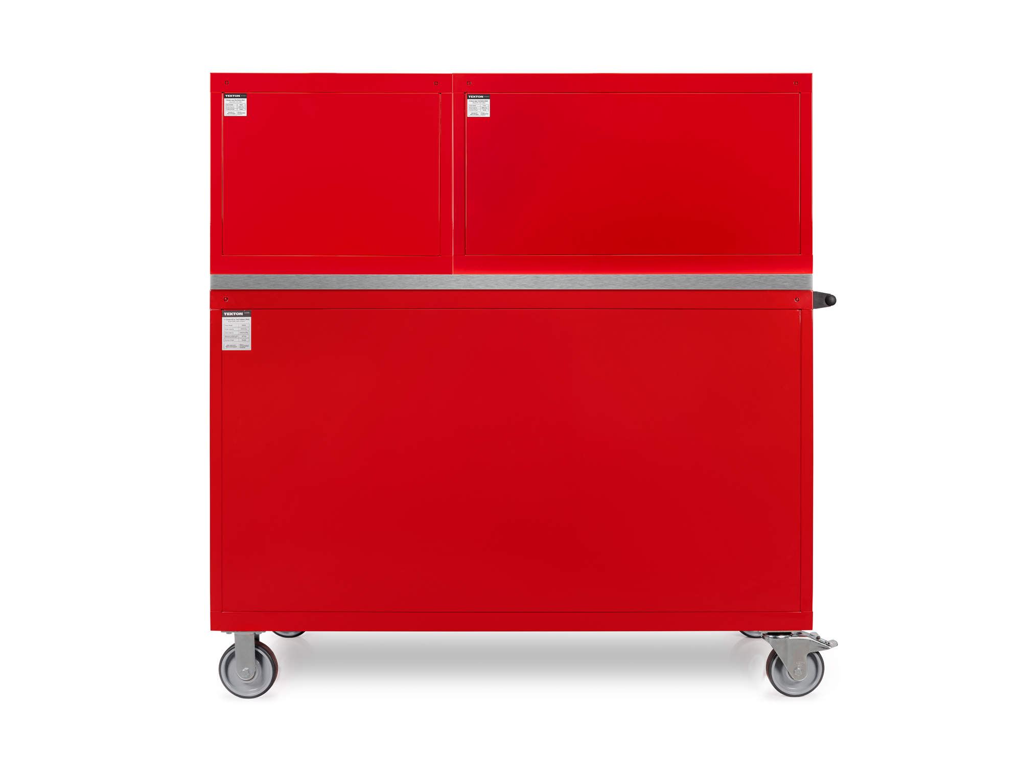 System includes one red 11-drawer 40/60 split bank tool cabinet (60 W x 30 D x 41.5 H in.), a stainless steel cabinet top, and two red 5-drawer upper tool cabinets. OCC64102.