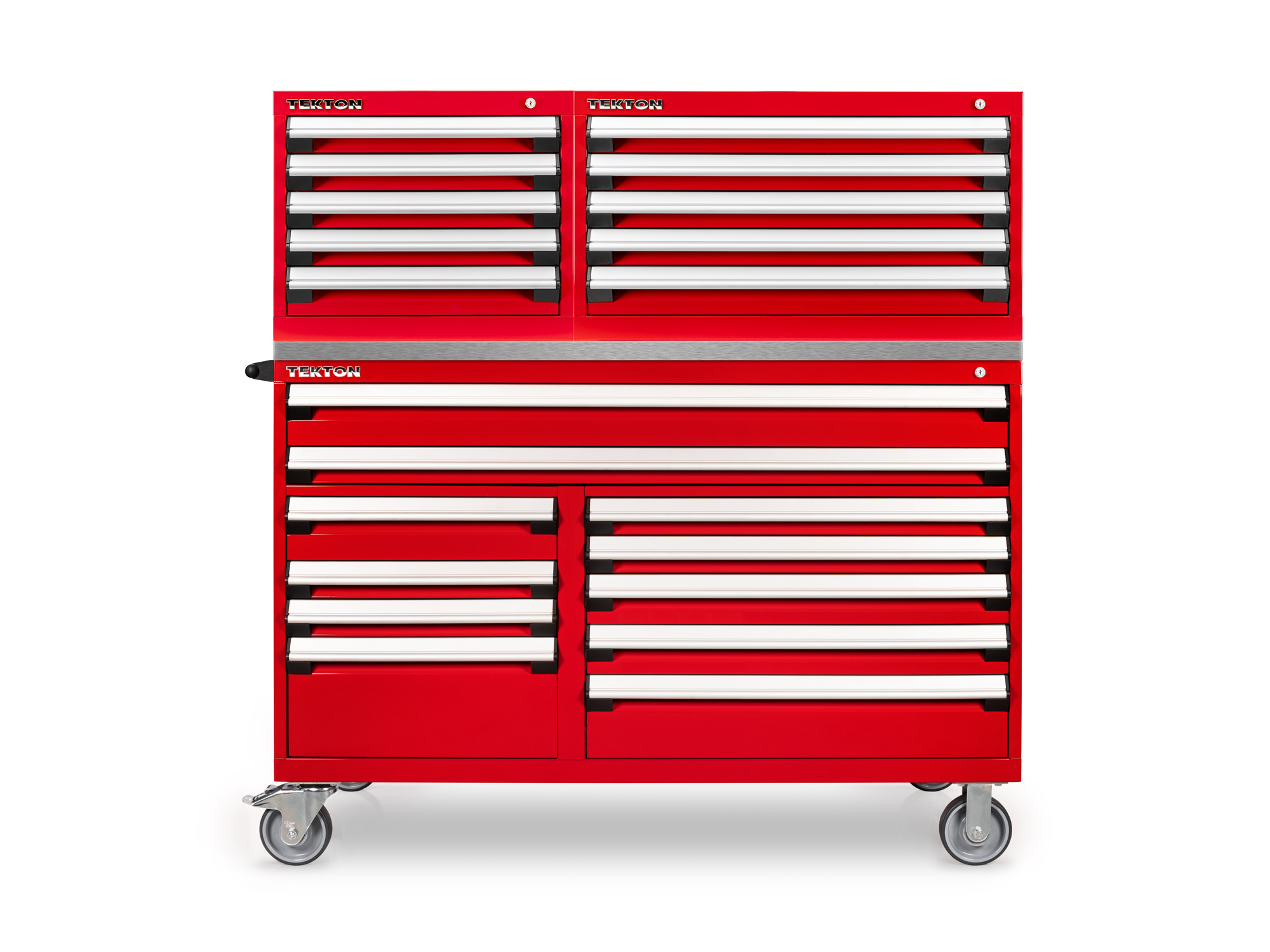 System includes one red 11-drawer 40/60 split bank tool cabinet (60 W x 30 D x 41.5 H in.), a stainless steel cabinet top, and two red 5-drawer upper tool cabinets. OCC64102.