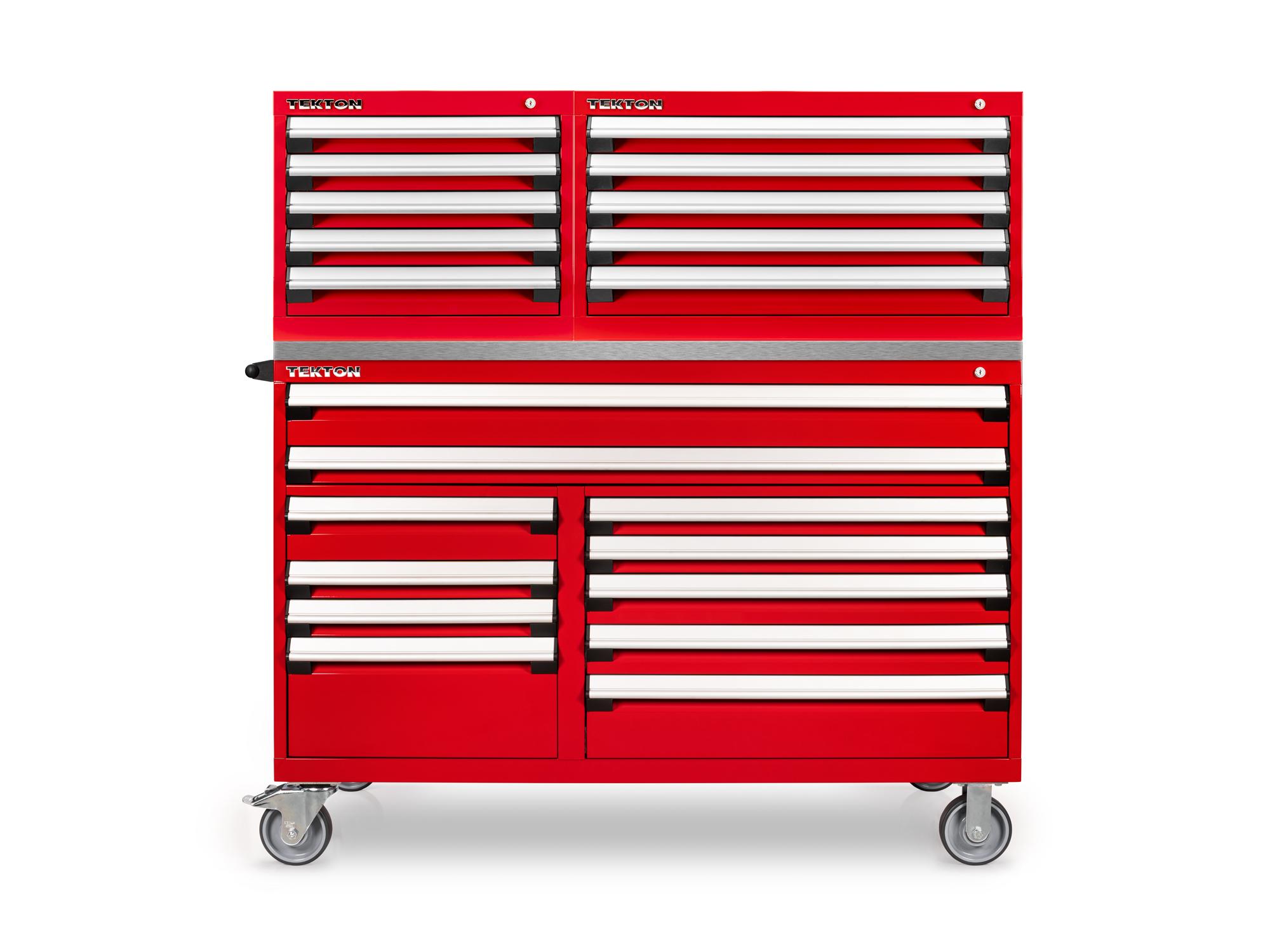 Front view of Tekton red 60 w x 30 d inch tool cabinet set. Item #OCC64102