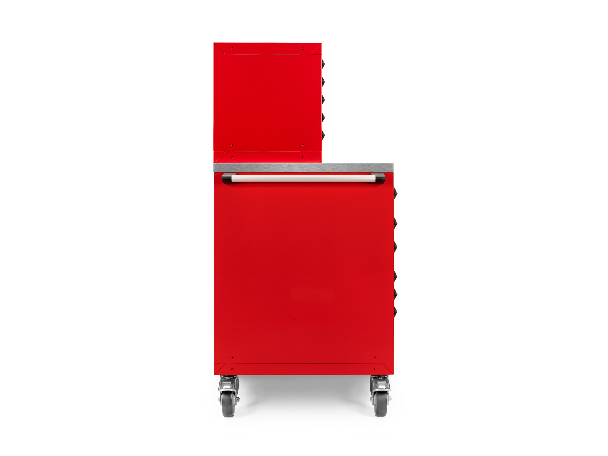 System includes one red 11-drawer 40/60 split bank tool cabinet (60 W x 30 D x 41.5 H in.), a stainless steel cabinet top, and two red 5-drawer upper tool cabinets. OCC64102.