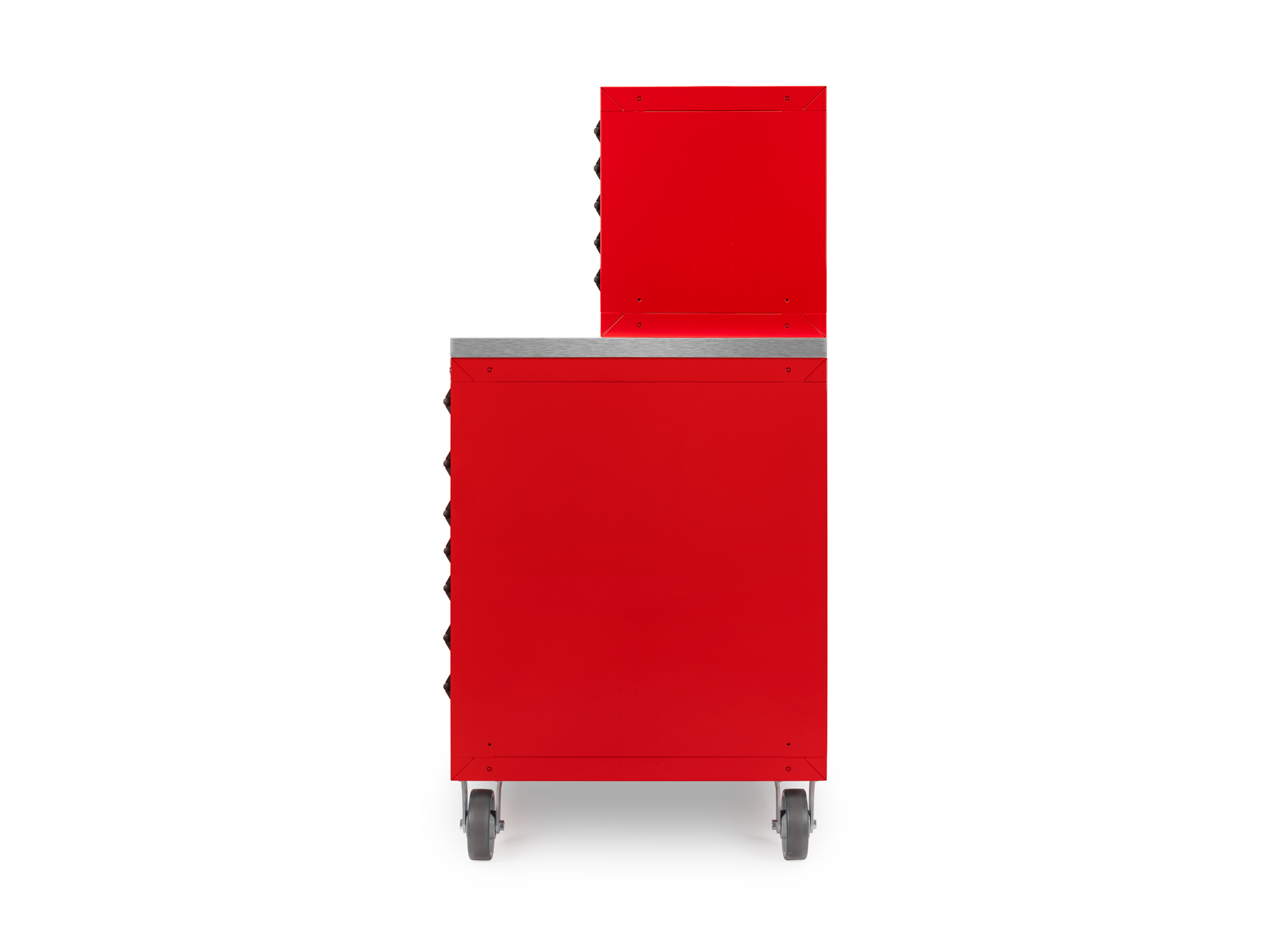 System includes one red 11-drawer 40/60 split bank tool cabinet (60 W x 30 D x 41.5 H in.), a stainless steel cabinet top, and two red 5-drawer upper tool cabinets. OCC64102.