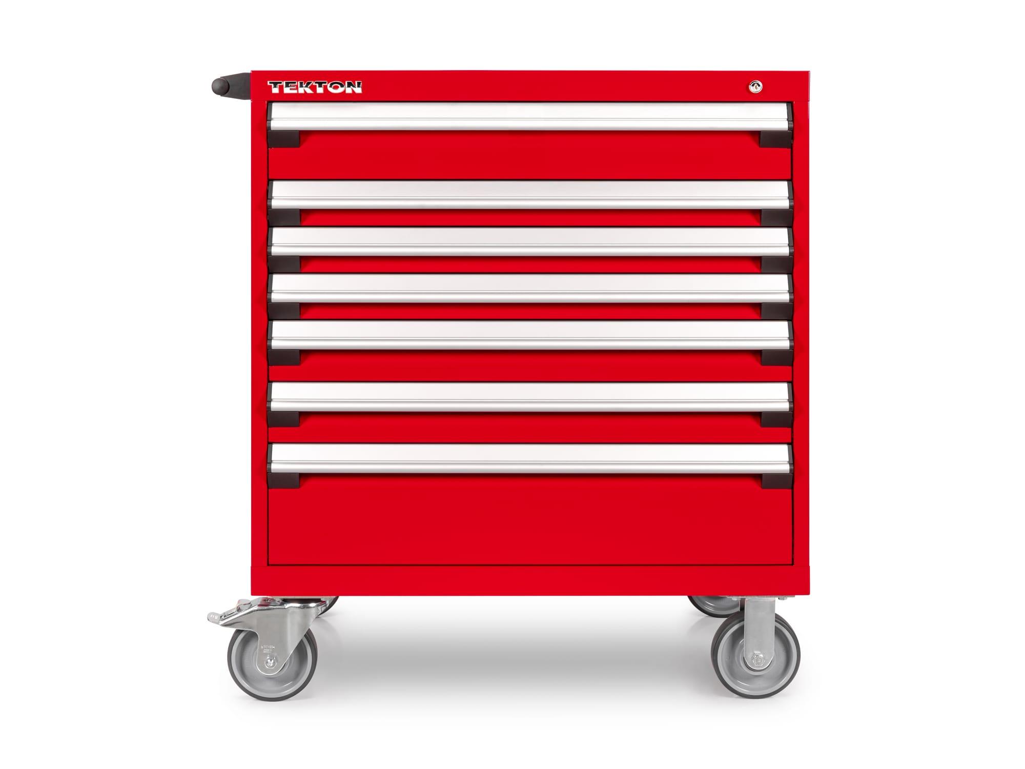 Front view of red Tekton tool cabinet. Item #OCL33200