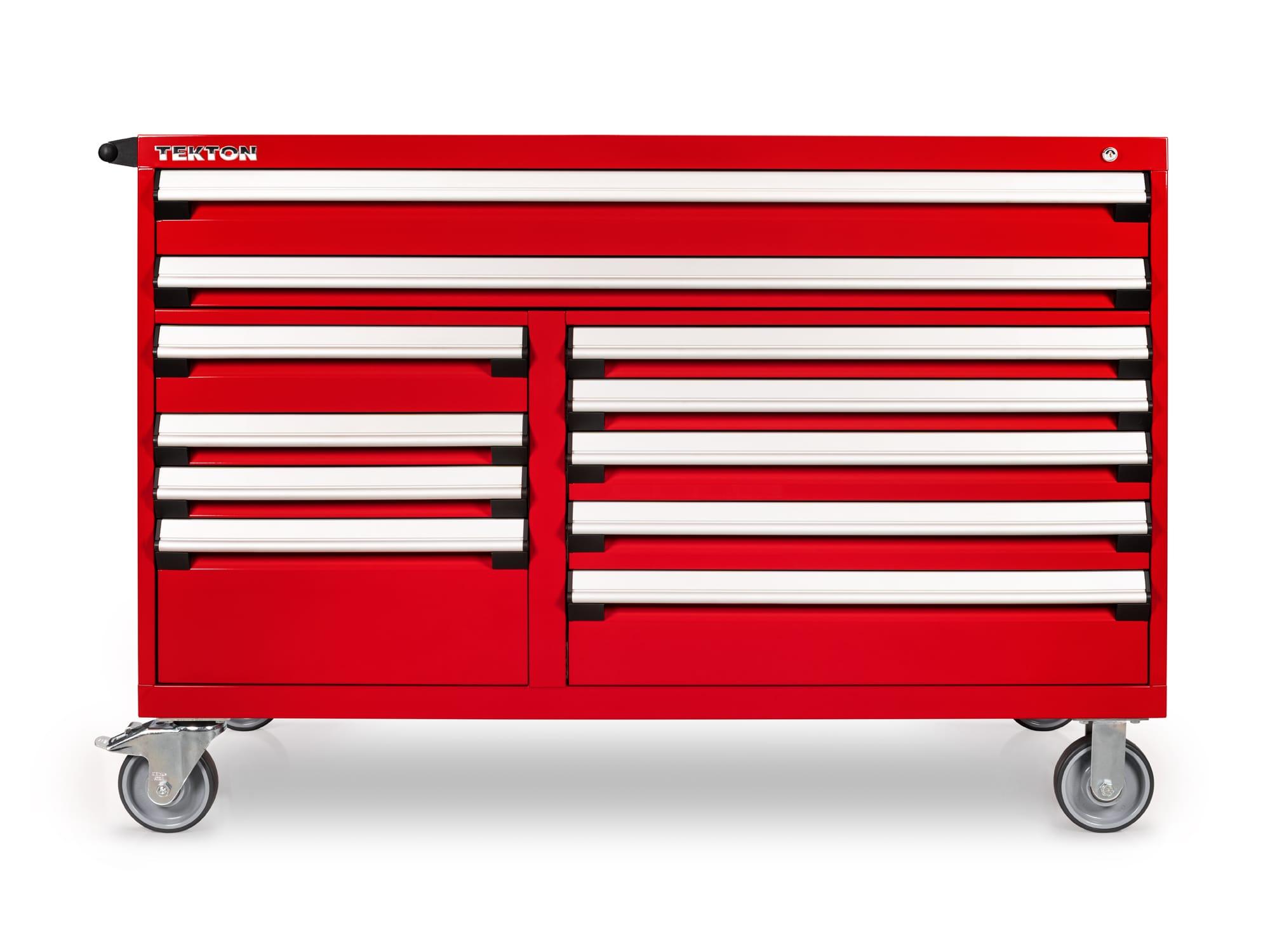 Front view of red Tekton tool cabinet. Item #OCL64200