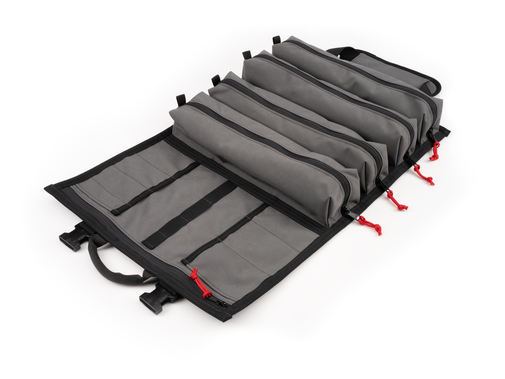 Front-right angle view of tactical-gray-red Tekton roll tool pouch. Item #EXP00011