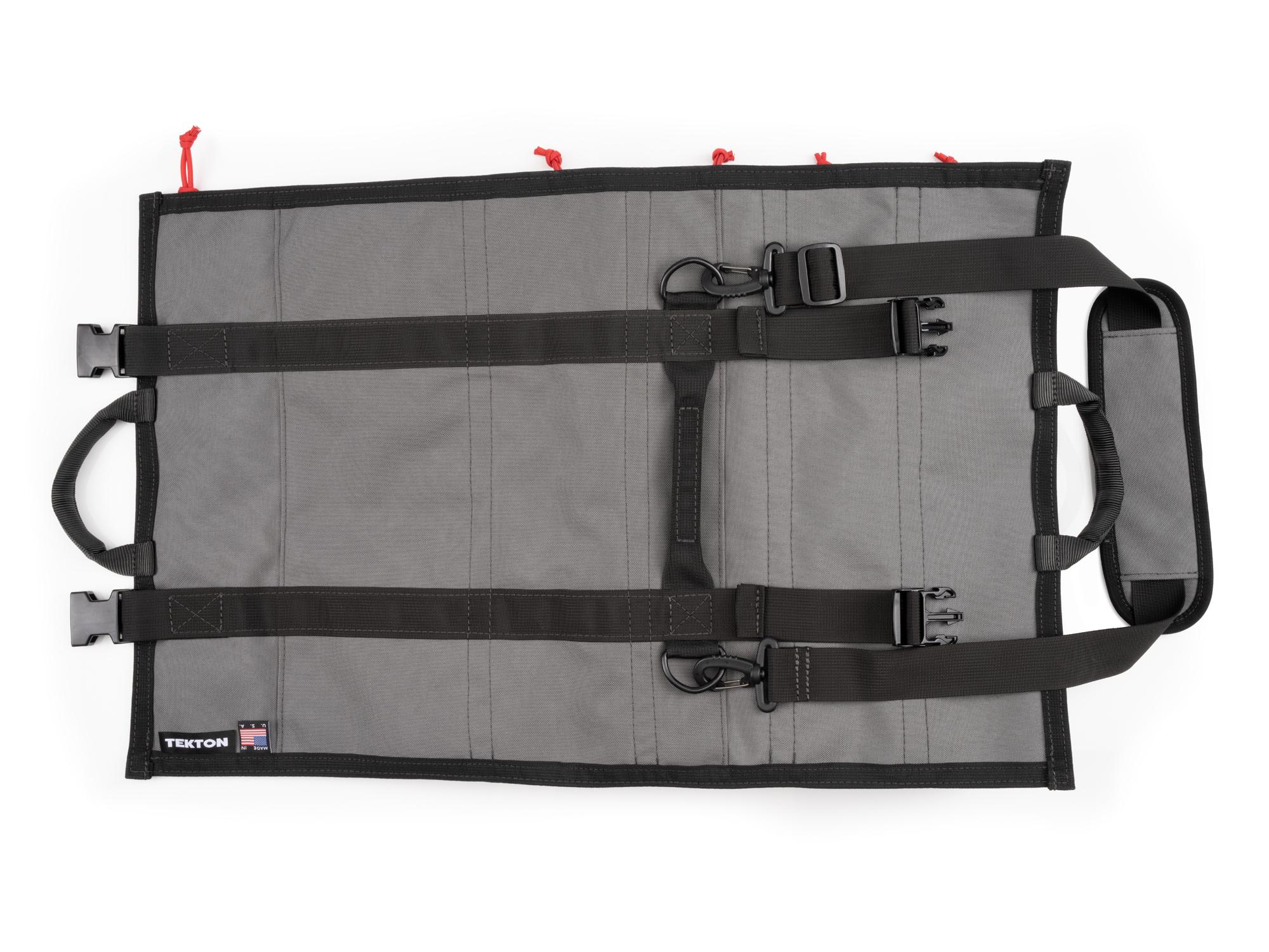 Back view of tactical-gray-red Tekton roll tool pouch. Item #EXP00011