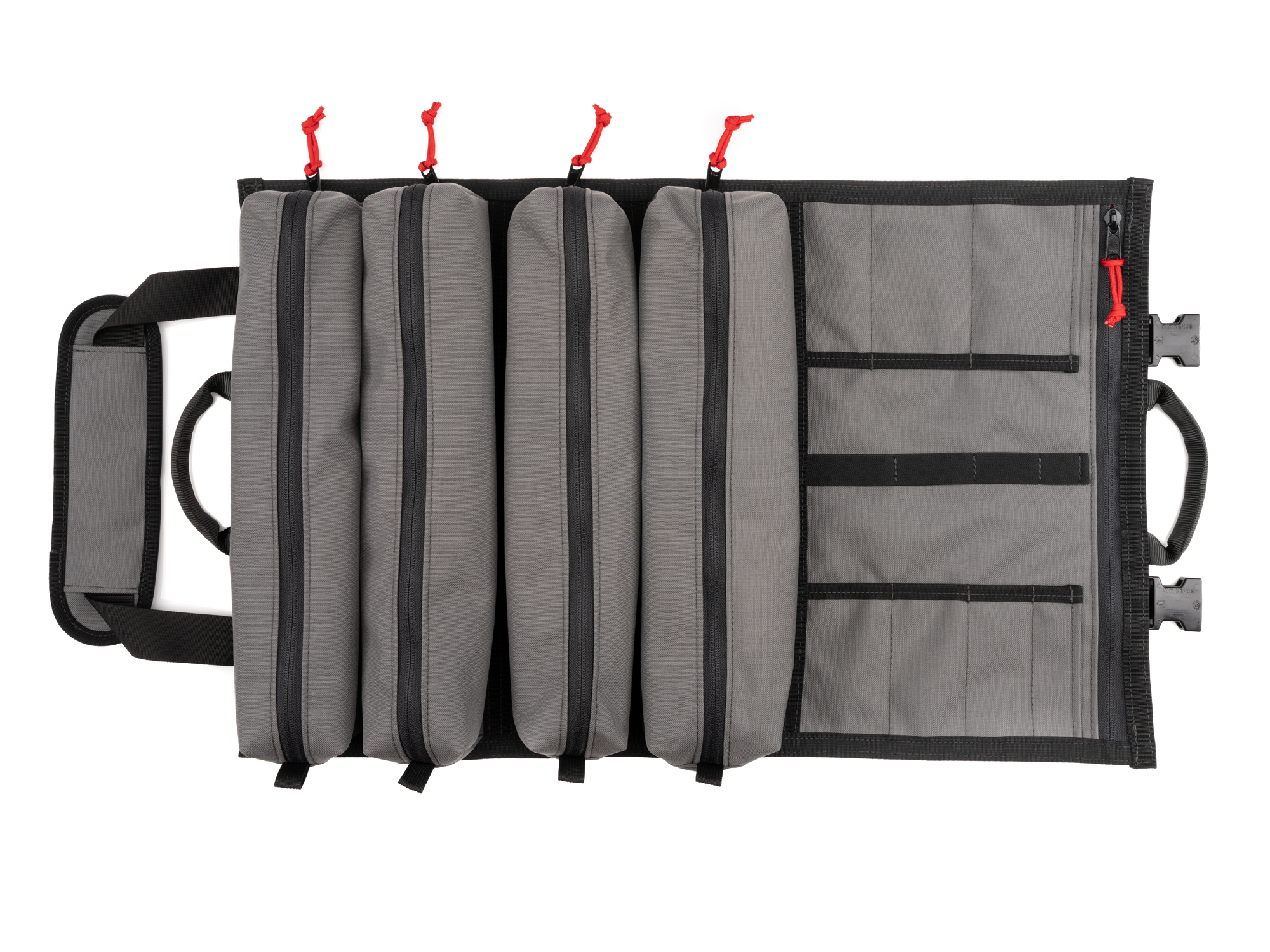 Front view of Tekton pouch gray-red tool pouch set. Item #EXP00011