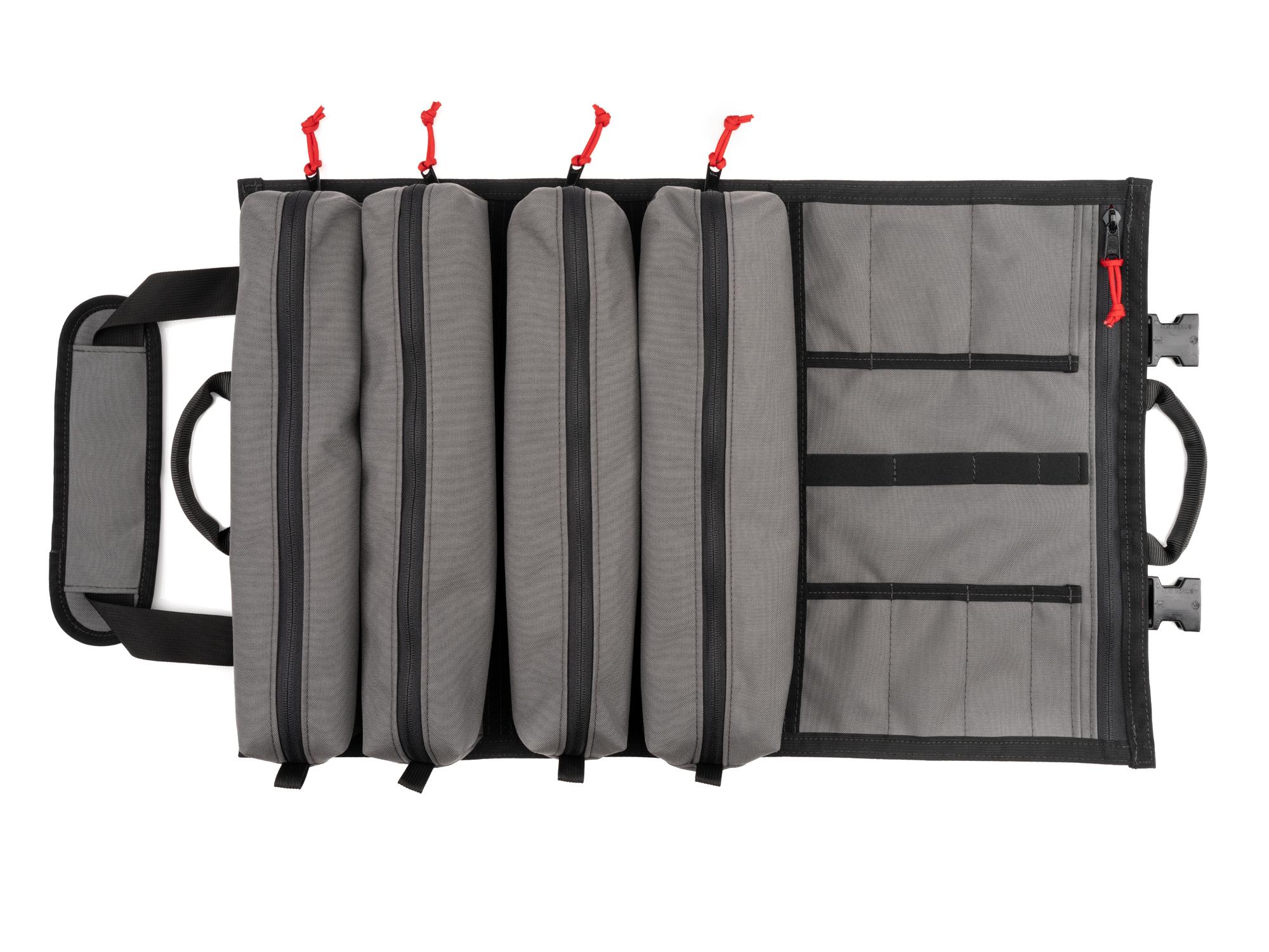 Front view of tactical-gray-red Tekton roll tool pouch. Item #EXP00011