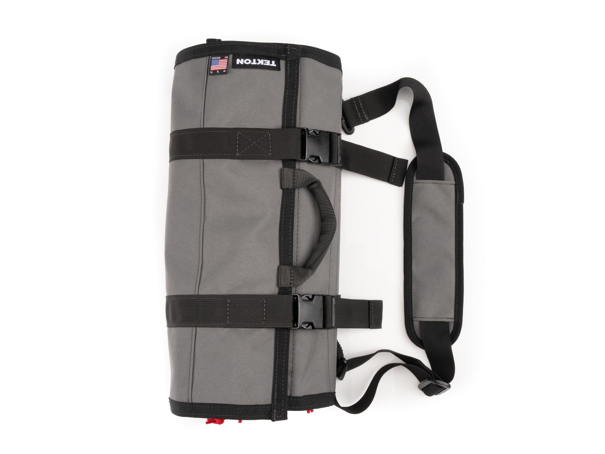 Second side view of tactical-gray-red Tekton roll tool pouch. Item #EXP00011