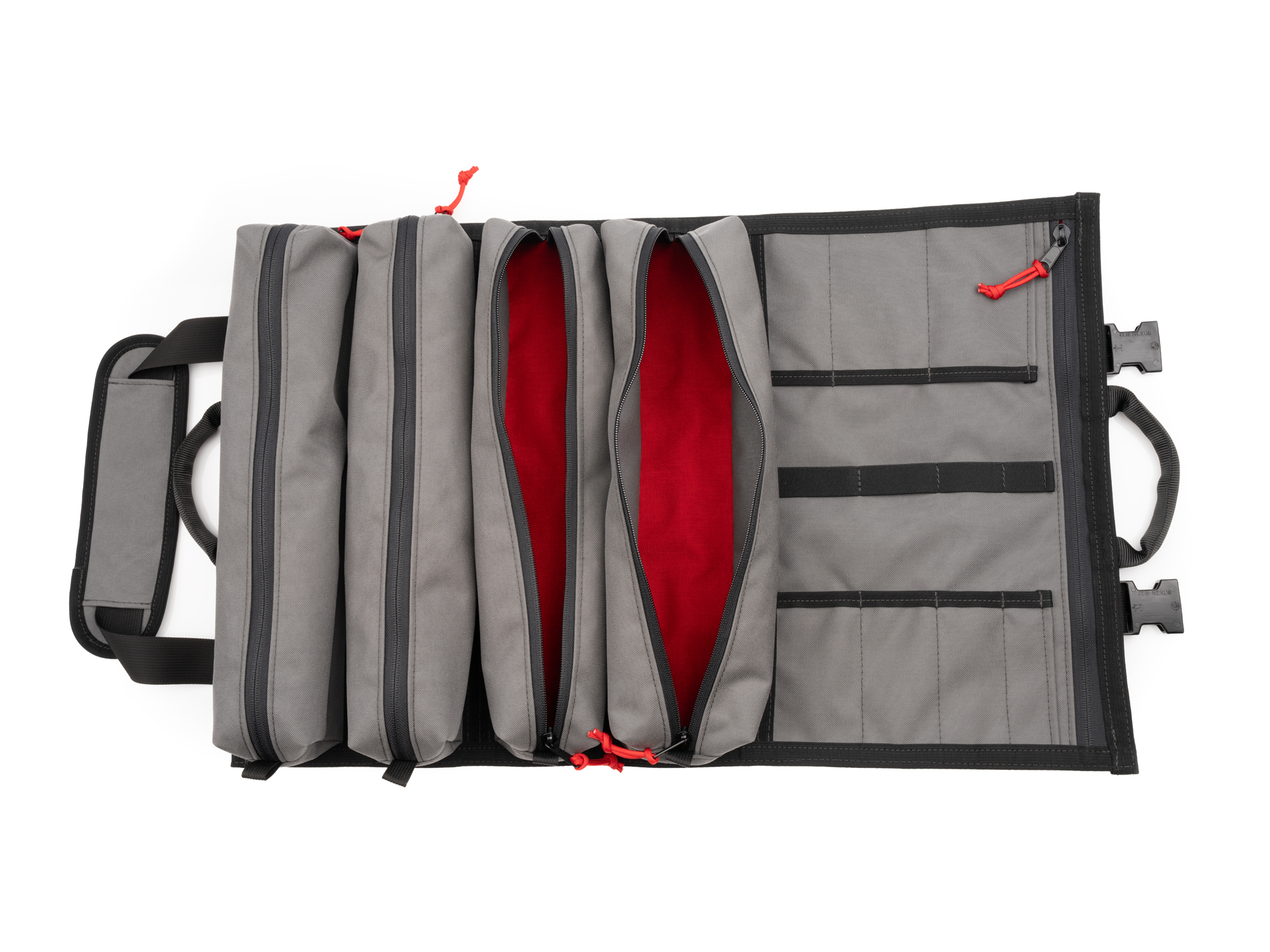 Top view of Tekton pouch gray-red tool pouch set. Item #EXP00011