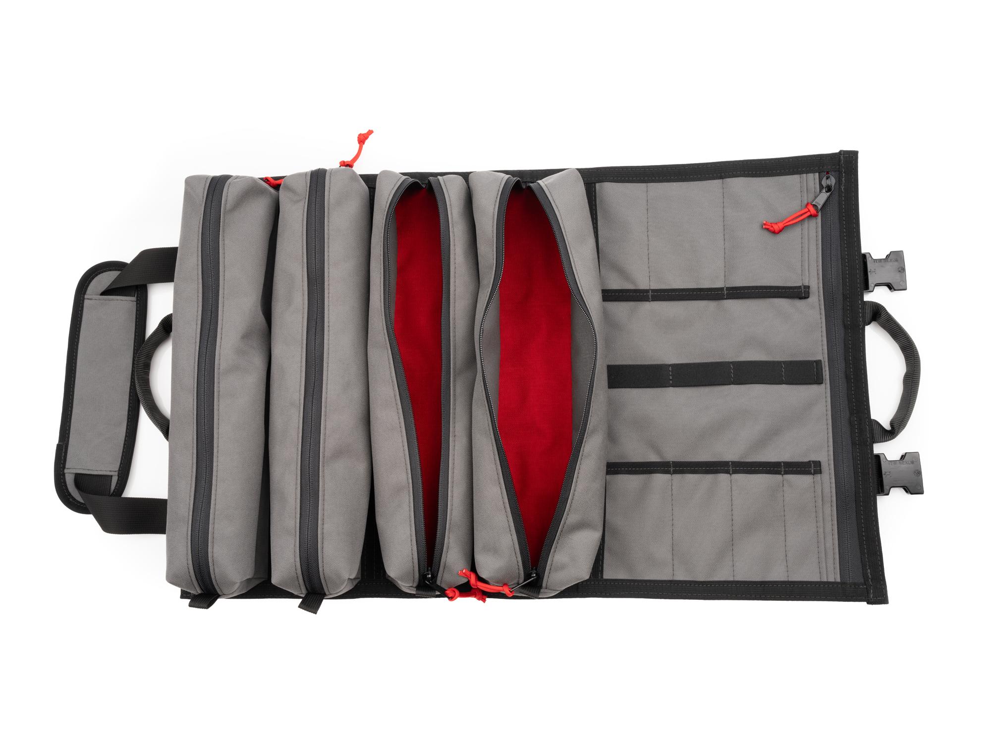 Top view of tactical-gray-red Tekton roll tool pouch. Item #EXP00011