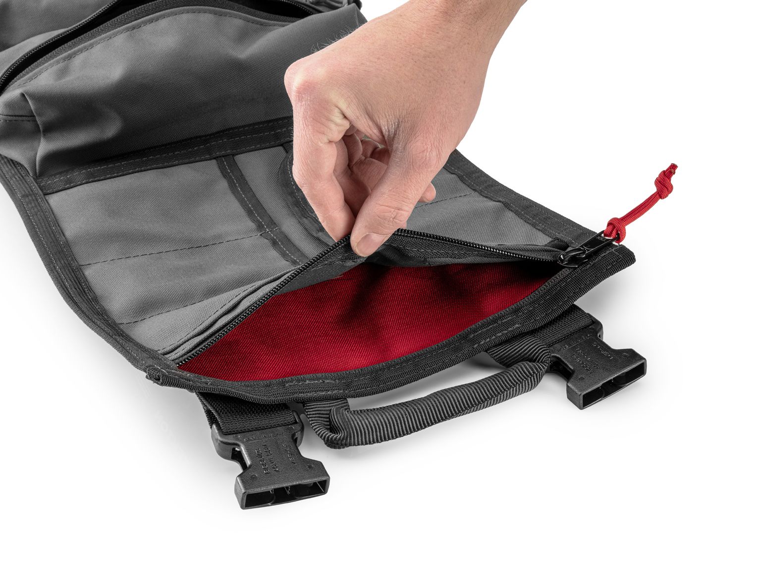 Closeup view of tactical-gray-red Tekton tool pouch. Item #OTR00001