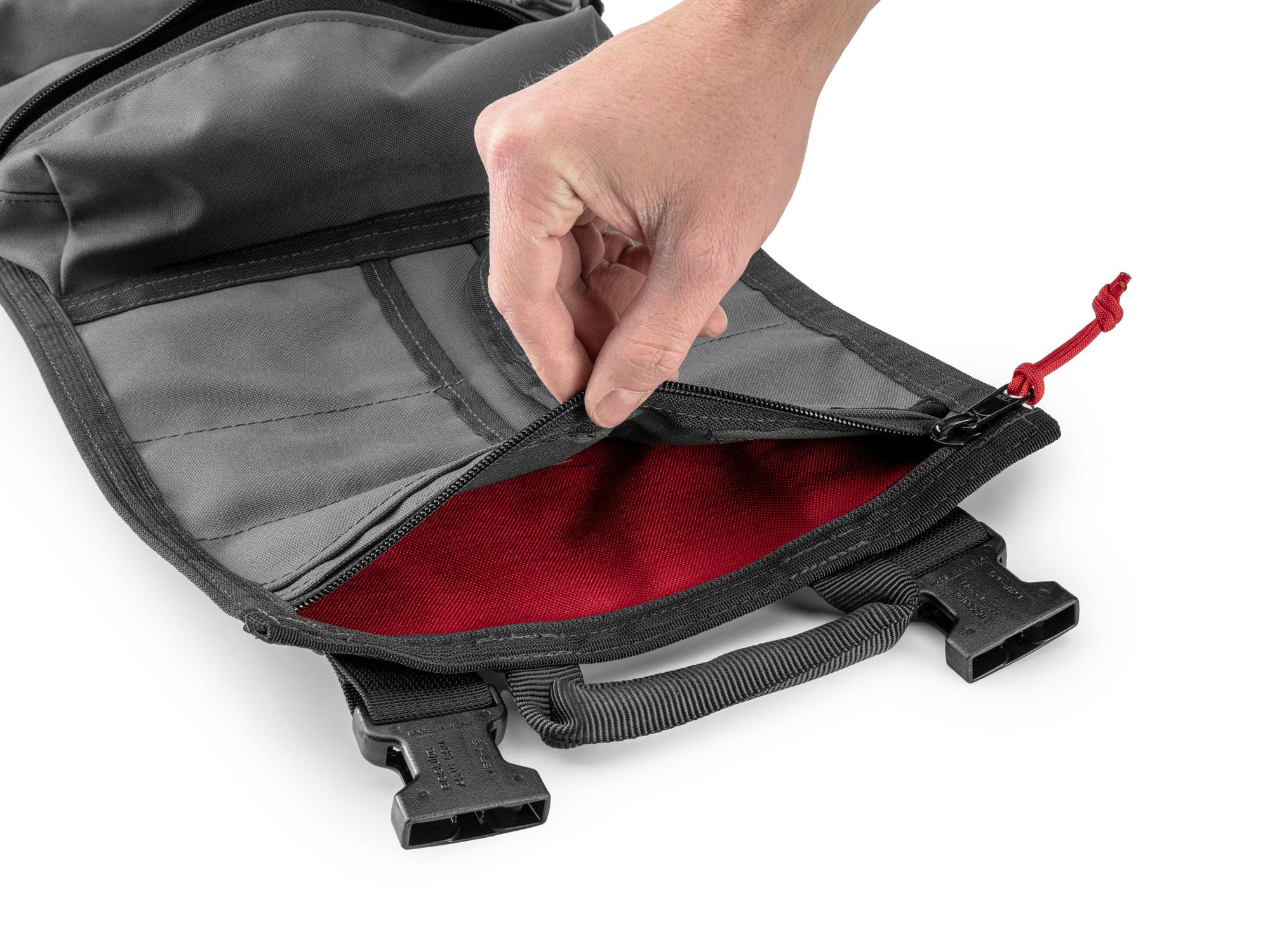 Closeup view of tactical-gray-red Tekton roll tool roll. Item #OTR00001