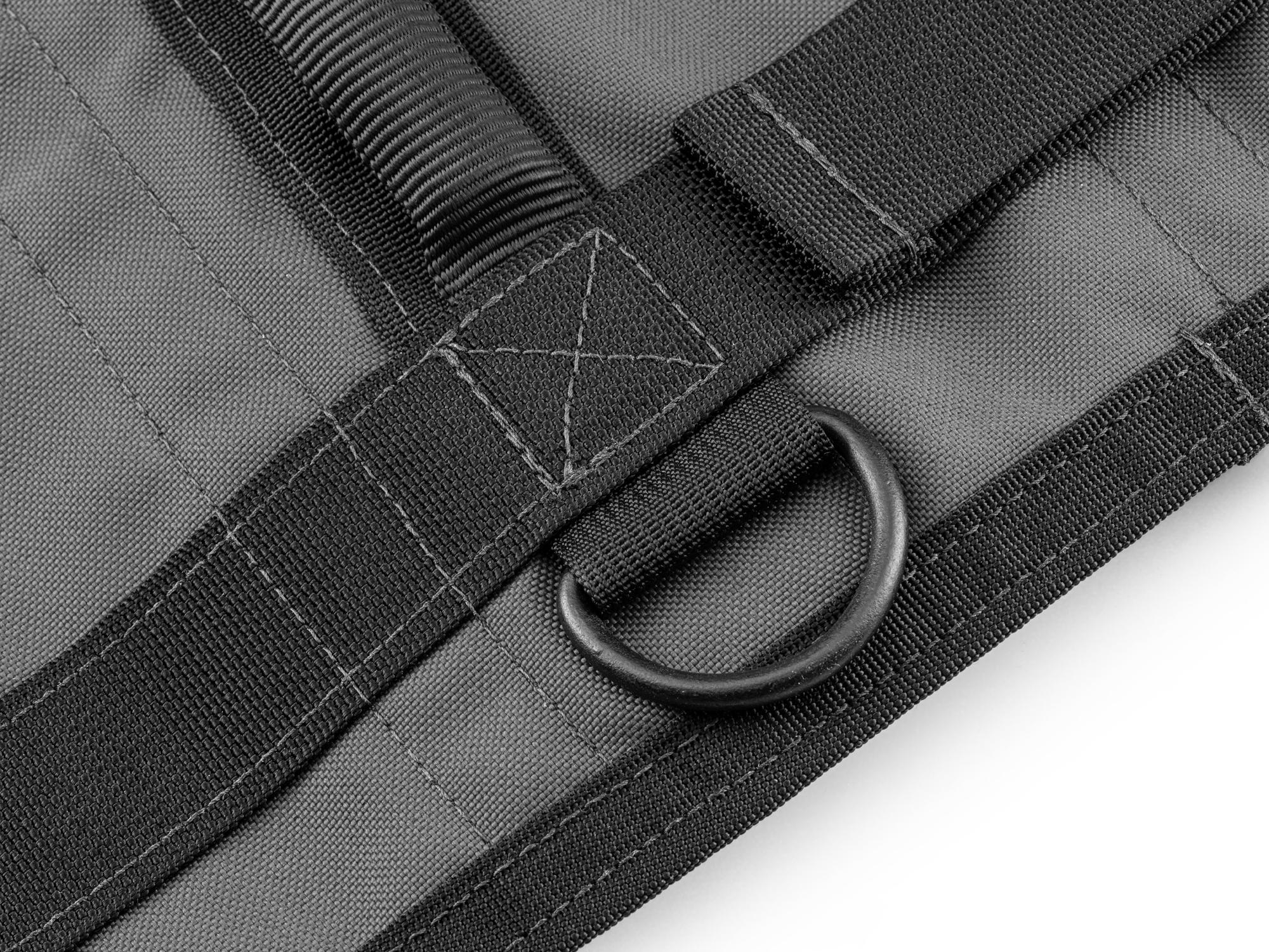 Closeup view of tactical-gray-red Tekton roll tool roll. Item #OTR00001