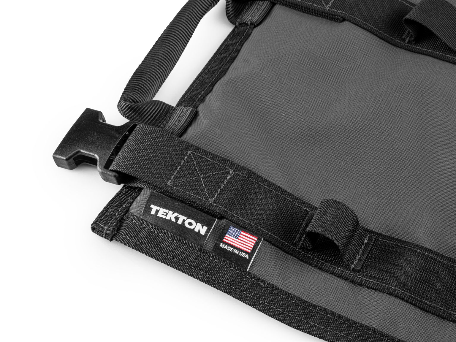 Closeup view of tactical-gray-red Tekton tool pouch. Item #OTR00001