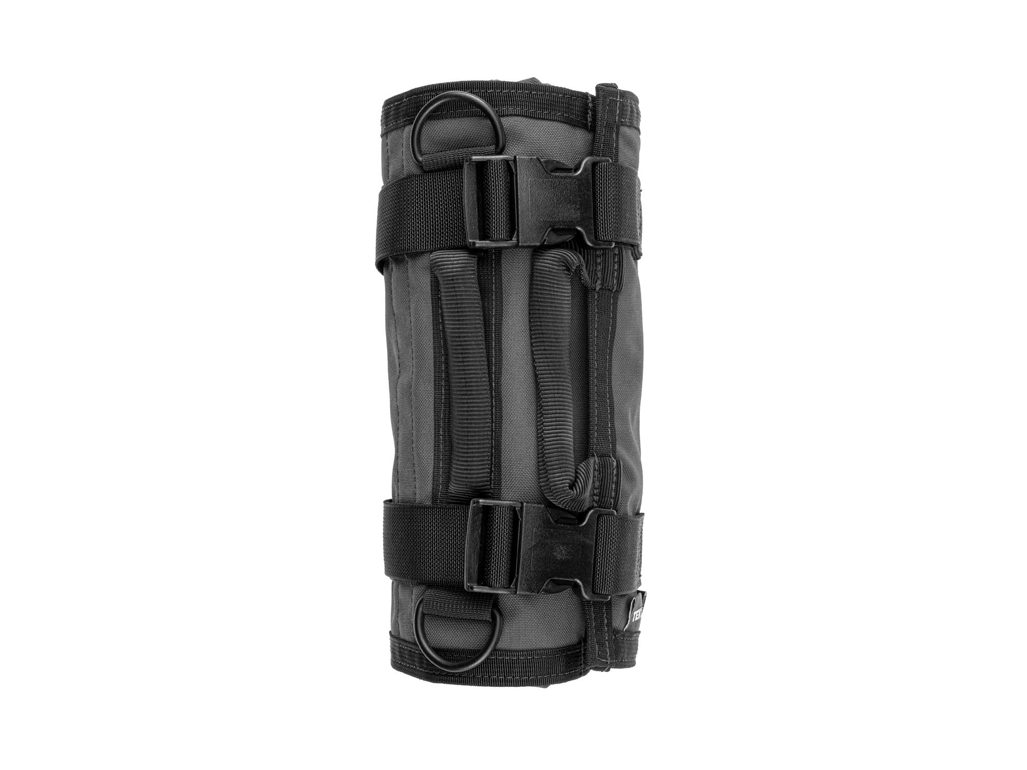 Side view of tactical-gray-red Tekton roll tool roll. Item #OTR00001