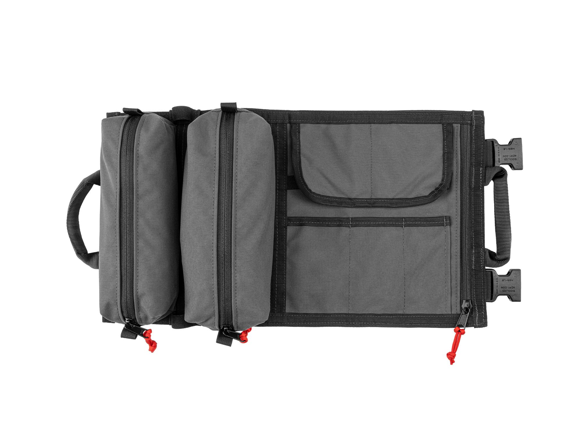 Top view of tactical-gray-red Tekton roll tool roll. Item #OTR00001