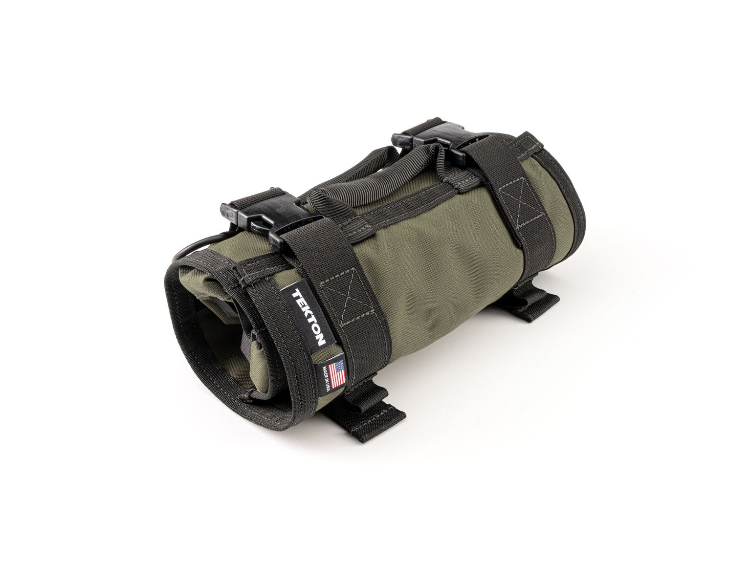 Closed top front-right angle view of ranger-green-red Tekton tool roll. Item #OTR00002