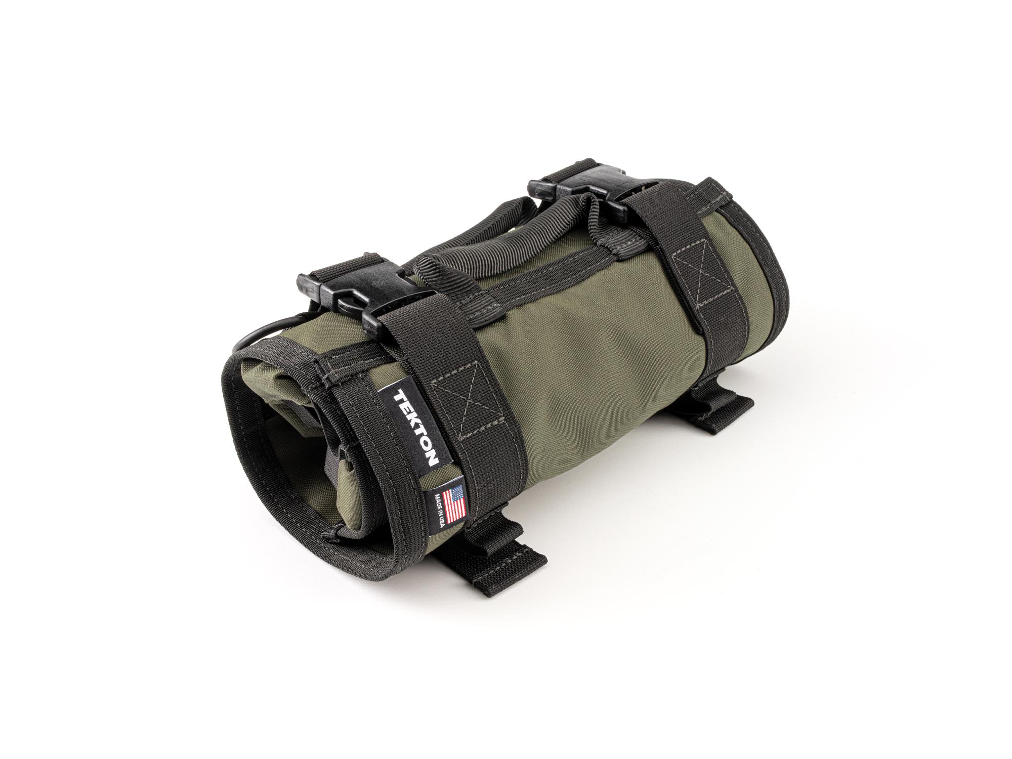 Closed top front-right angle view of ranger-green-red Tekton roll tool roll. Item #OTR00002