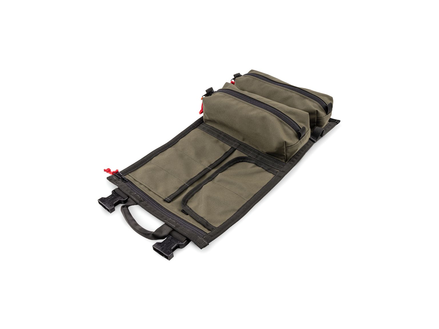Front-right angle view of ranger-green-red Tekton tool pouch. Item #OTR00002