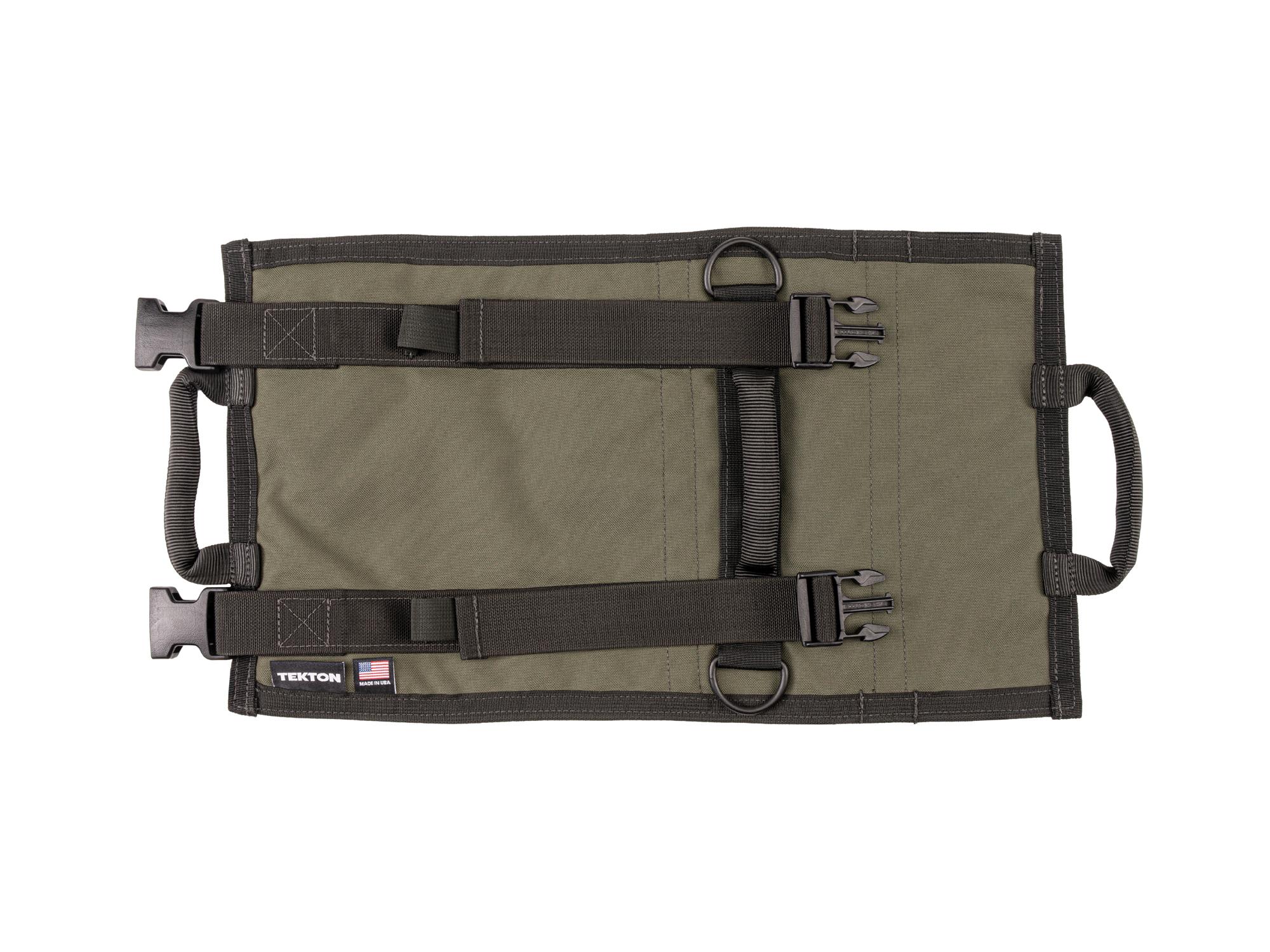 Back view of ranger-green-red Tekton roll tool roll. Item #OTR00002