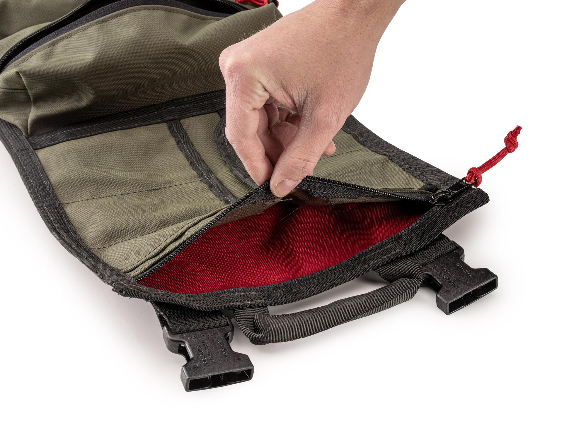 Closeup view of ranger-green-red Tekton roll tool roll. Item #OTR00002