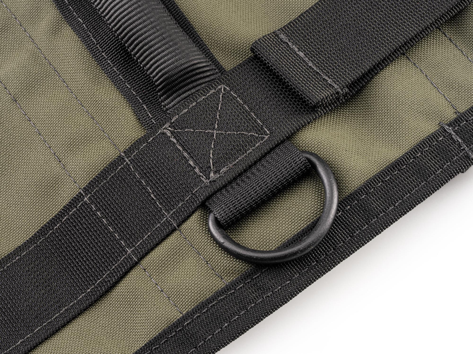 Closeup view of ranger-green-red Tekton roll tool roll. Item #OTR00002