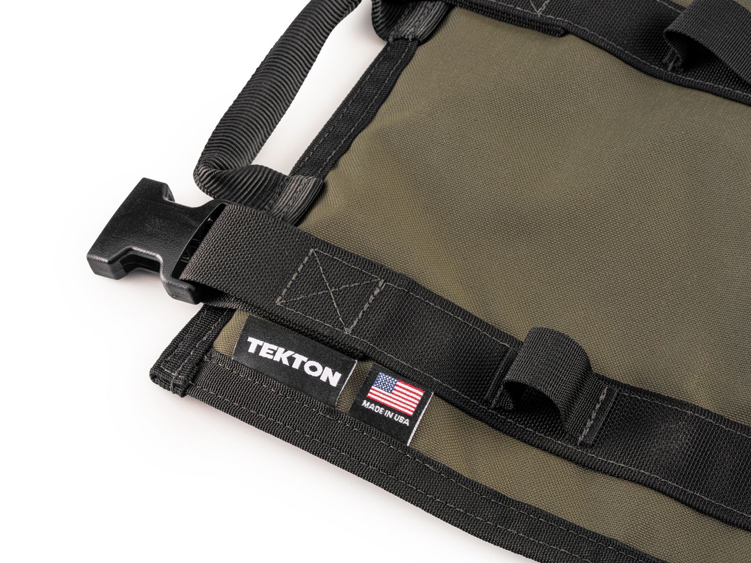 Closeup view of ranger-green-red Tekton tool roll. Item #OTR00002