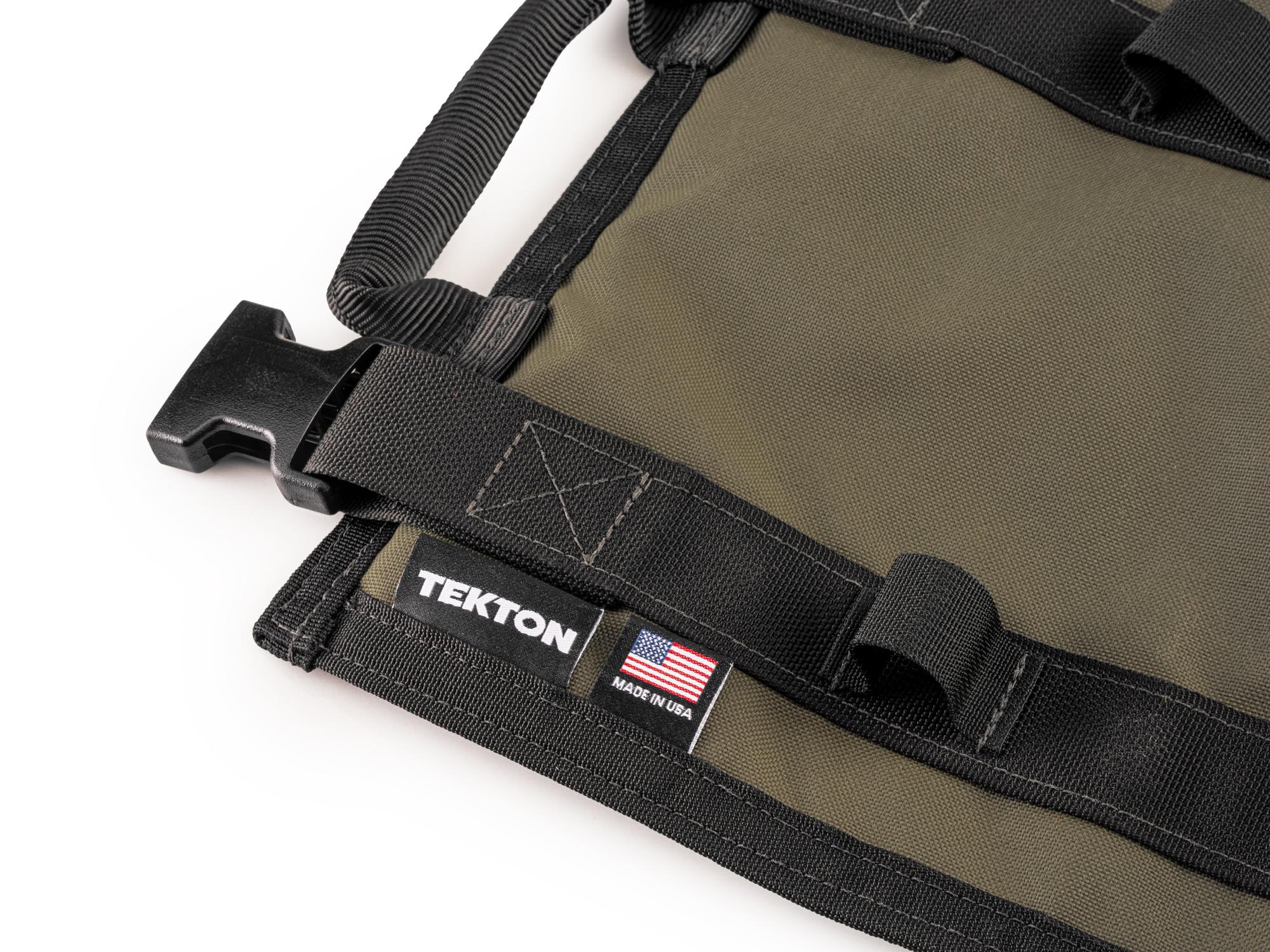 Closeup view of ranger-green-red Tekton roll tool roll. Item #OTR00002