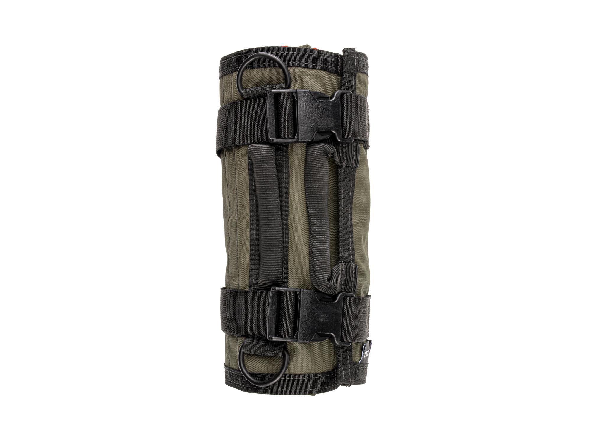 Side view of ranger-green-red Tekton roll tool roll. Item #OTR00002
