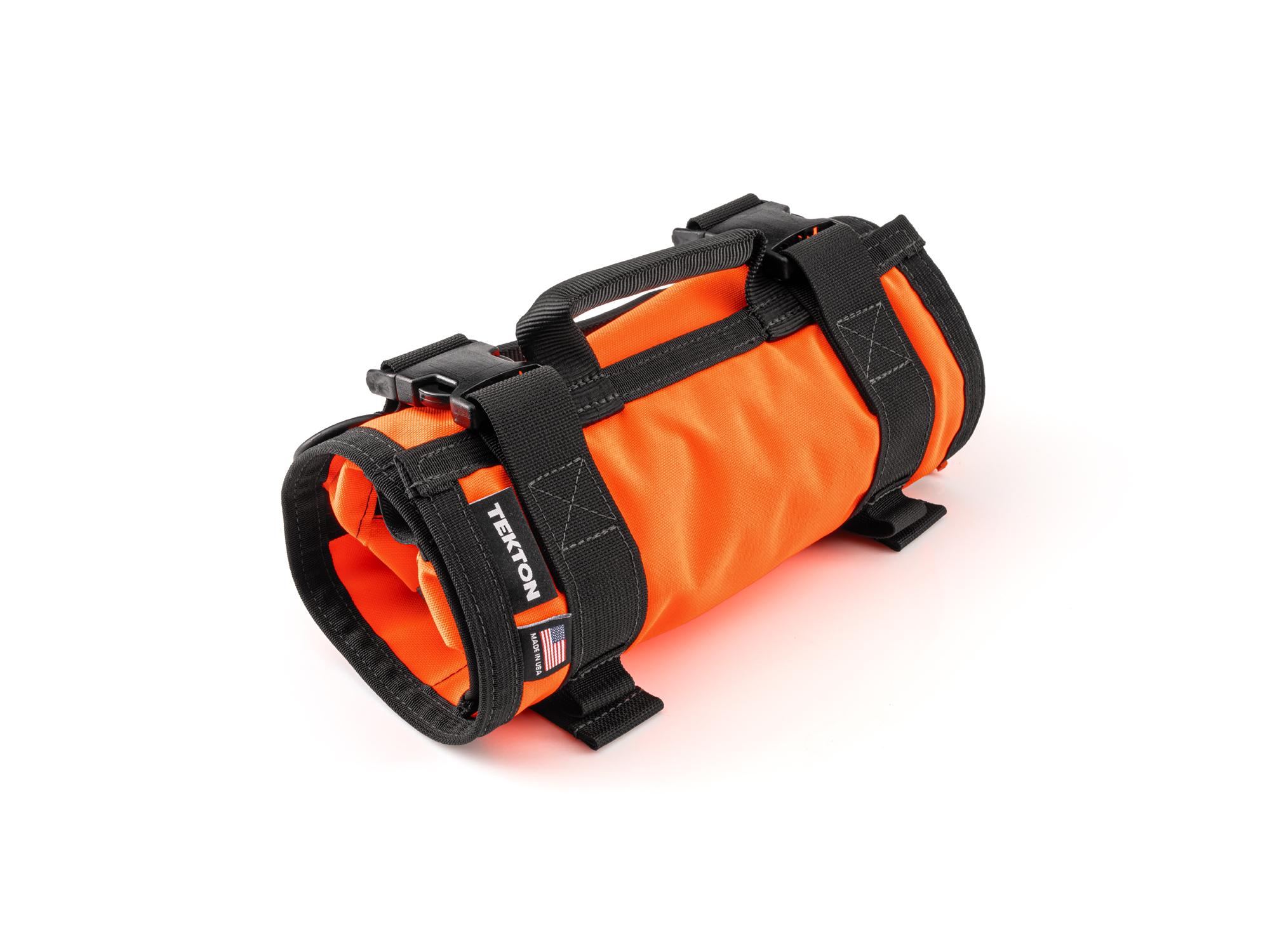 Closed top front-right angle view of high-vis-orange Tekton roll tool roll. Item #OTR00003