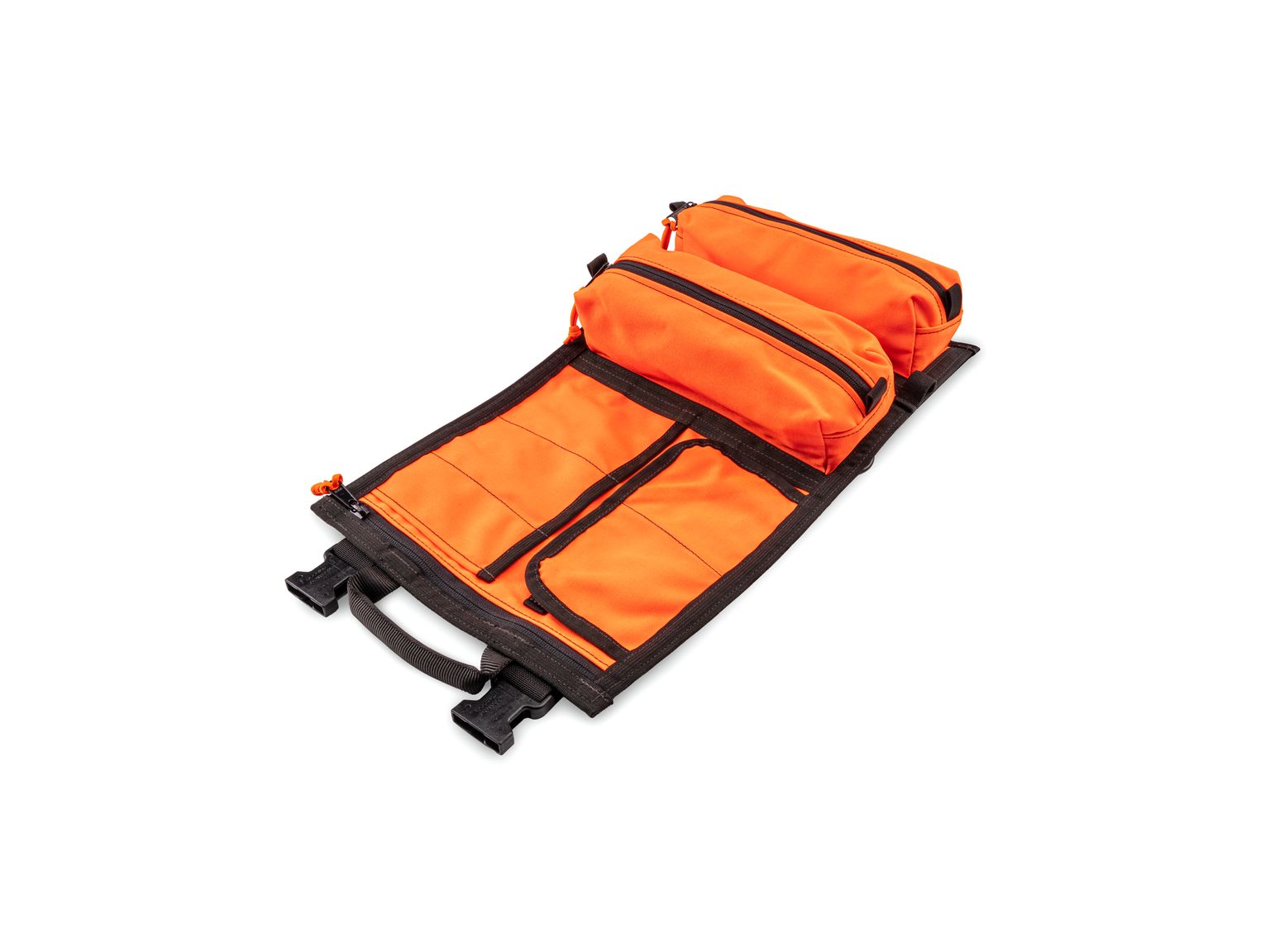 Front-right angle view of high-vis-orange Tekton tool pouch. Item #OTR00003